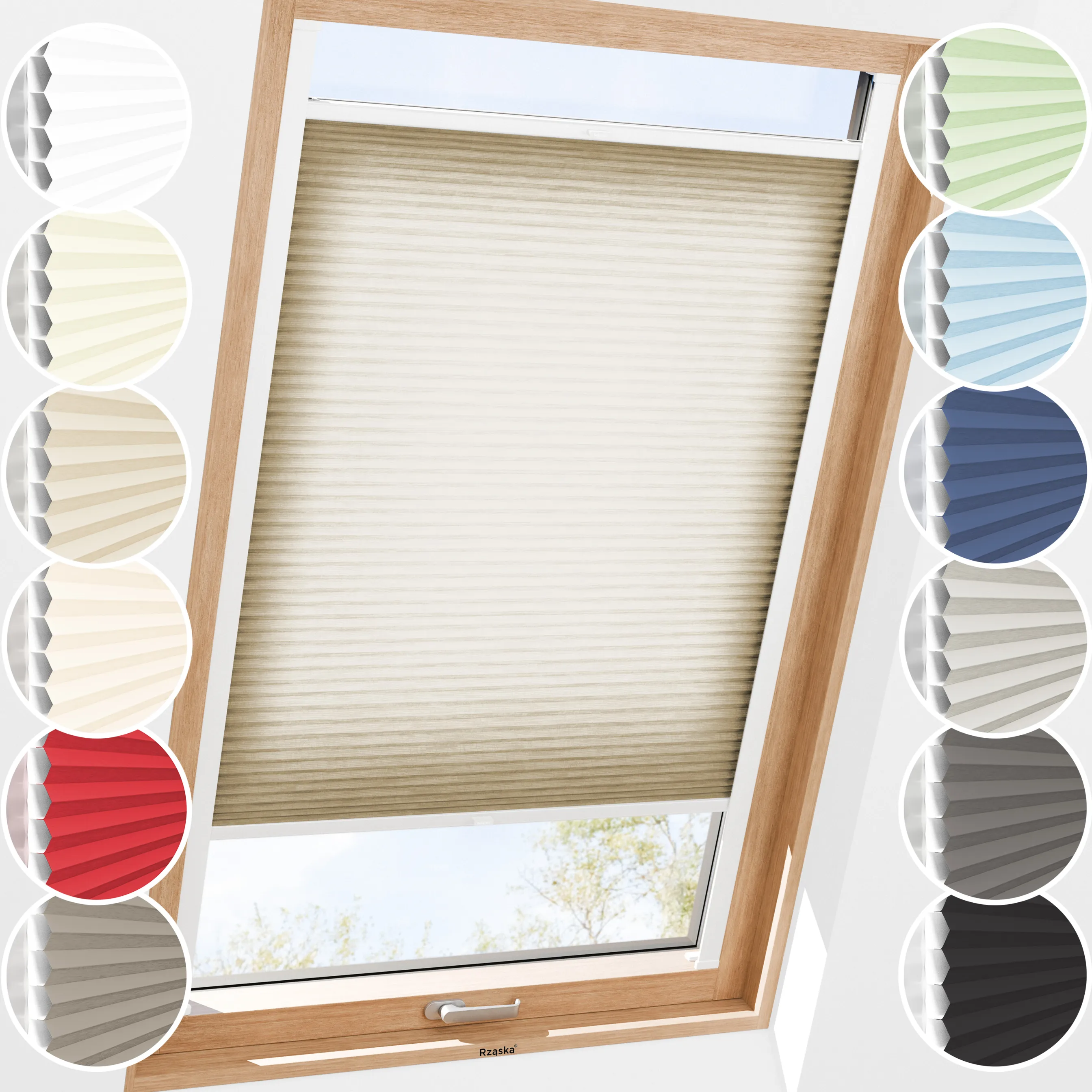 Rząska® dachowa roleta plisowana na wymiar • Thermo Honeycomb (Plaster Miodu): kolor tkaniny Rzymska kawa, piaskowy • kolor profili biały