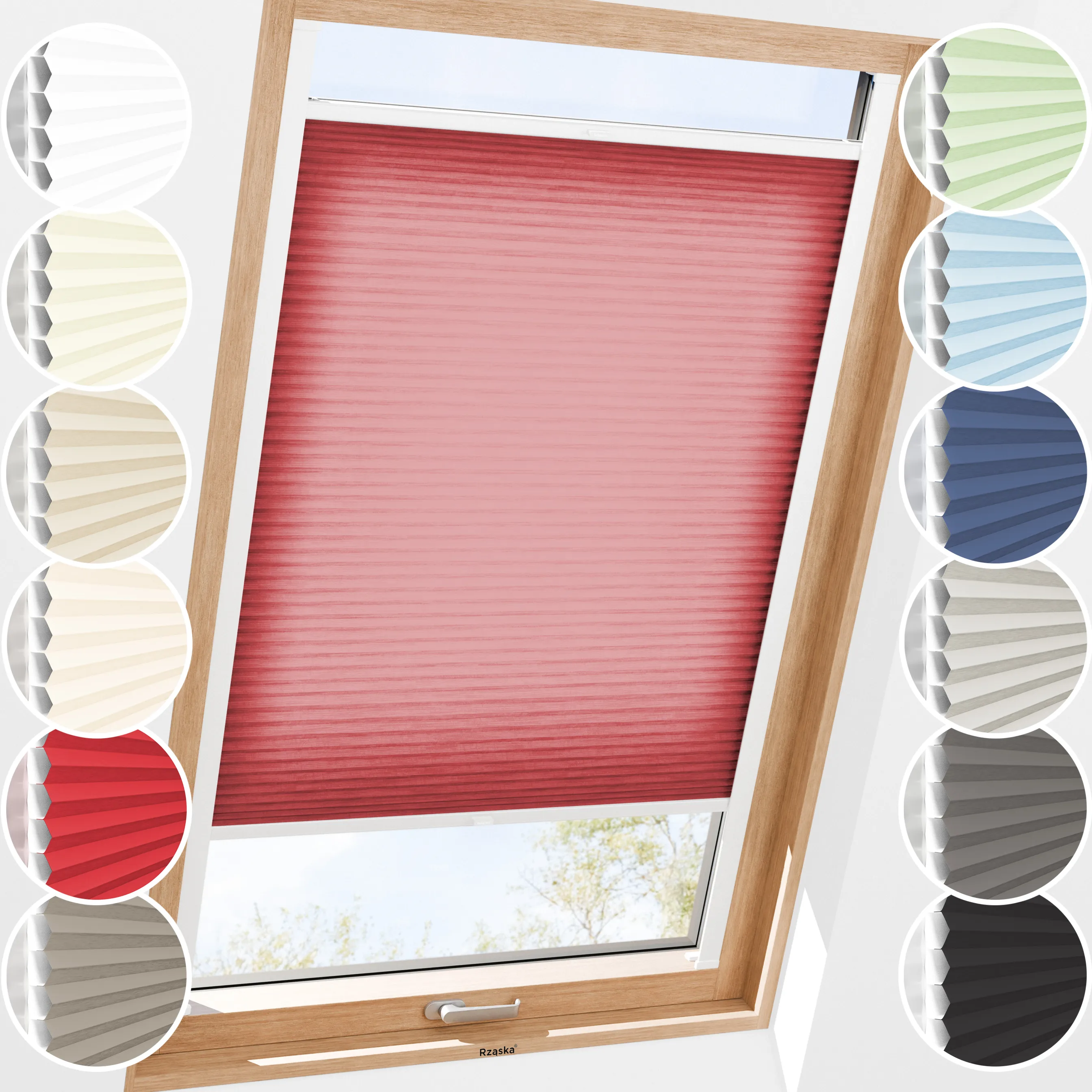 Rząska® dachowa roleta plisowana na wymiar • Thermo Honeycomb (Plaster Miodu): kolor tkaniny Soczysta Wiśnia, czerwony • kolor profili biały