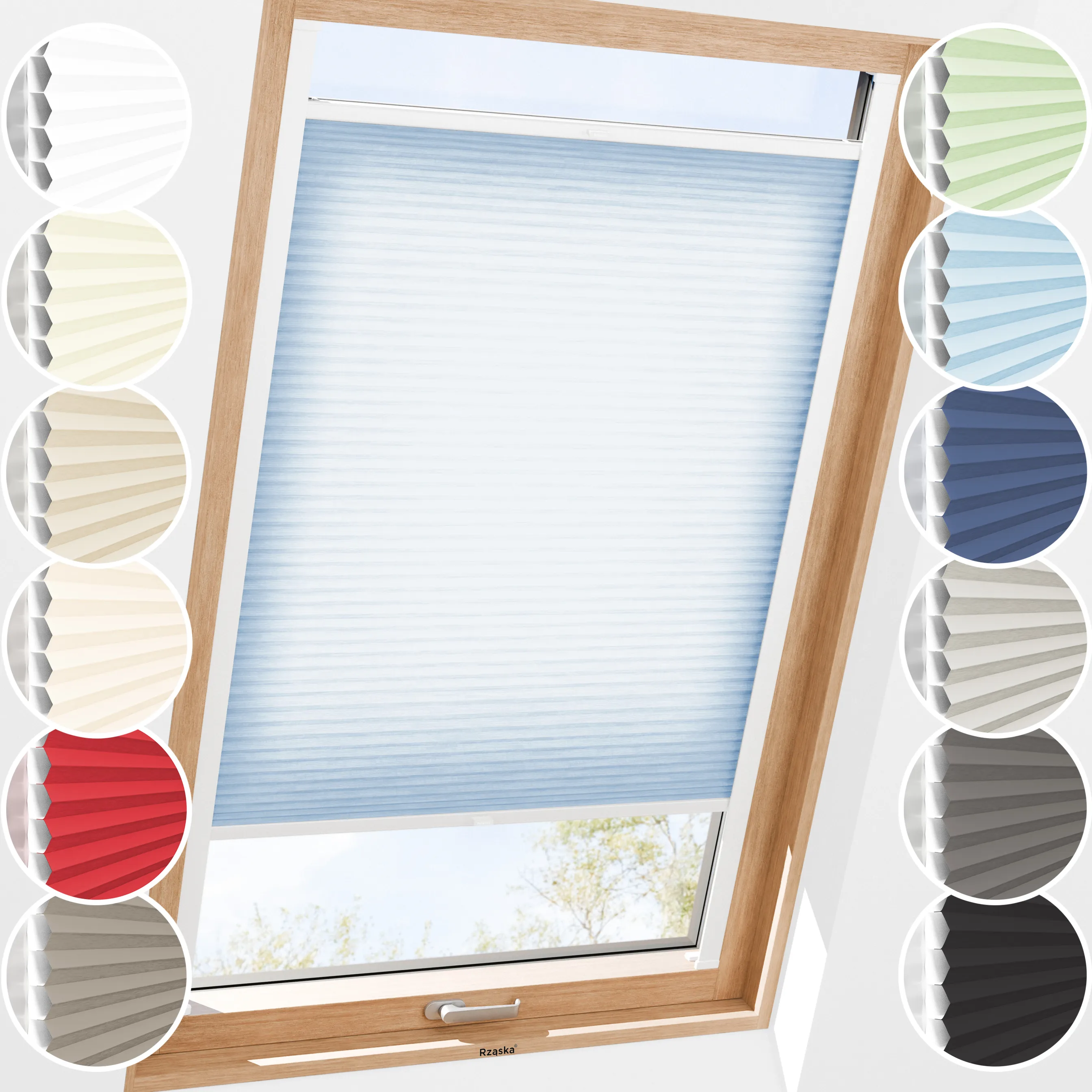 Rząska® dachowa roleta plisowana na wymiar • Thermo Honeycomb (Plaster Miodu): kolor tkaniny Niebiański sorbet, jasnoniebieski • kolor profili biały