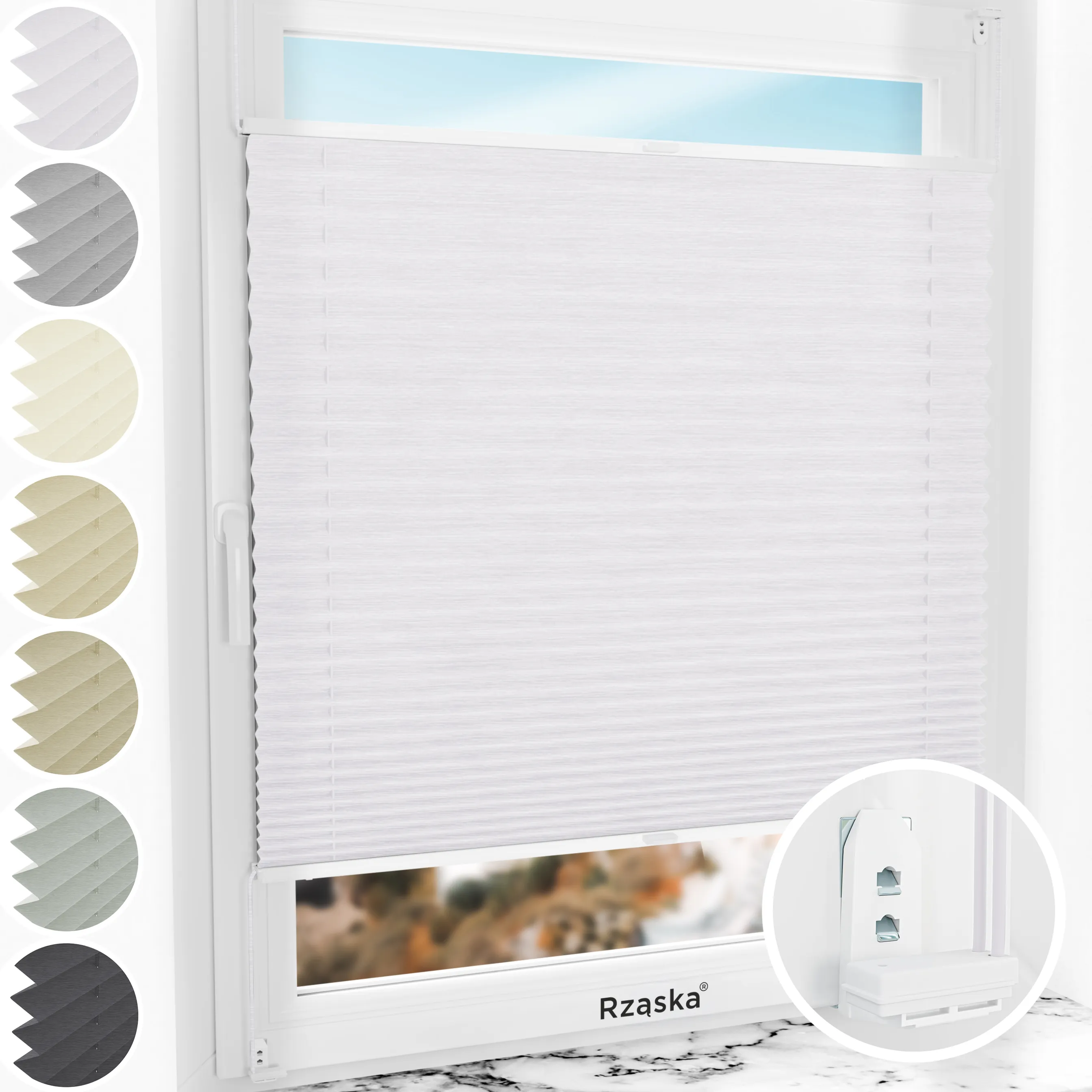 Inwazyjne plisy okienne Rząska® na wymiar, uchwyty Risinfix Double 2w1, kolekcja Dolomite w kolorze Zimny poranek, szarym z profilem białym.