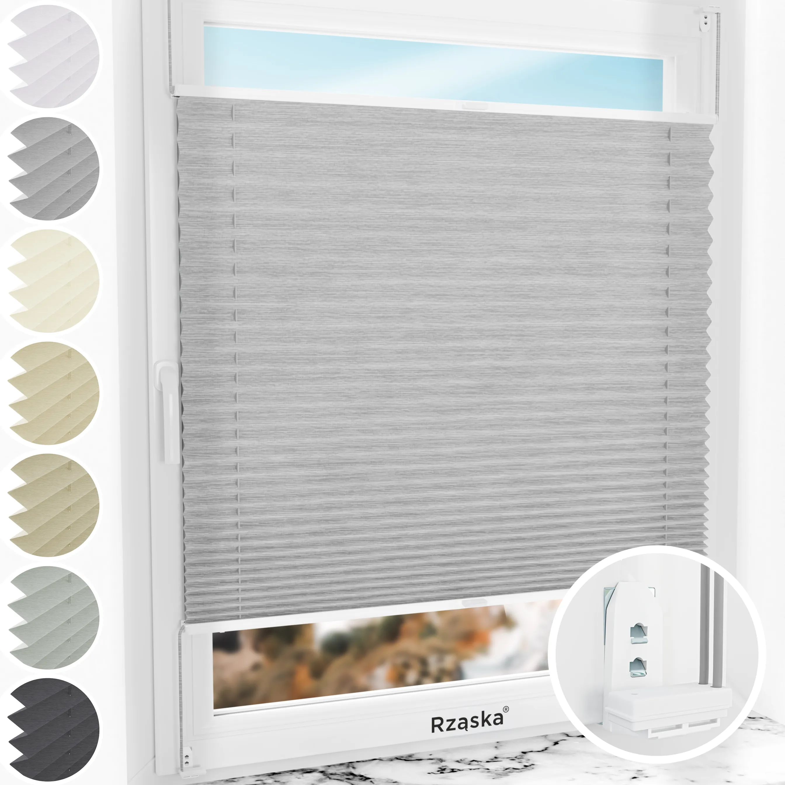 Inwazyjne plisy okienne Rząska® na wymiar, uchwyty Risinfix Double 2w1, kolekcja Dolomite w kolorze Szary sztorm, szarym z profilem białym.