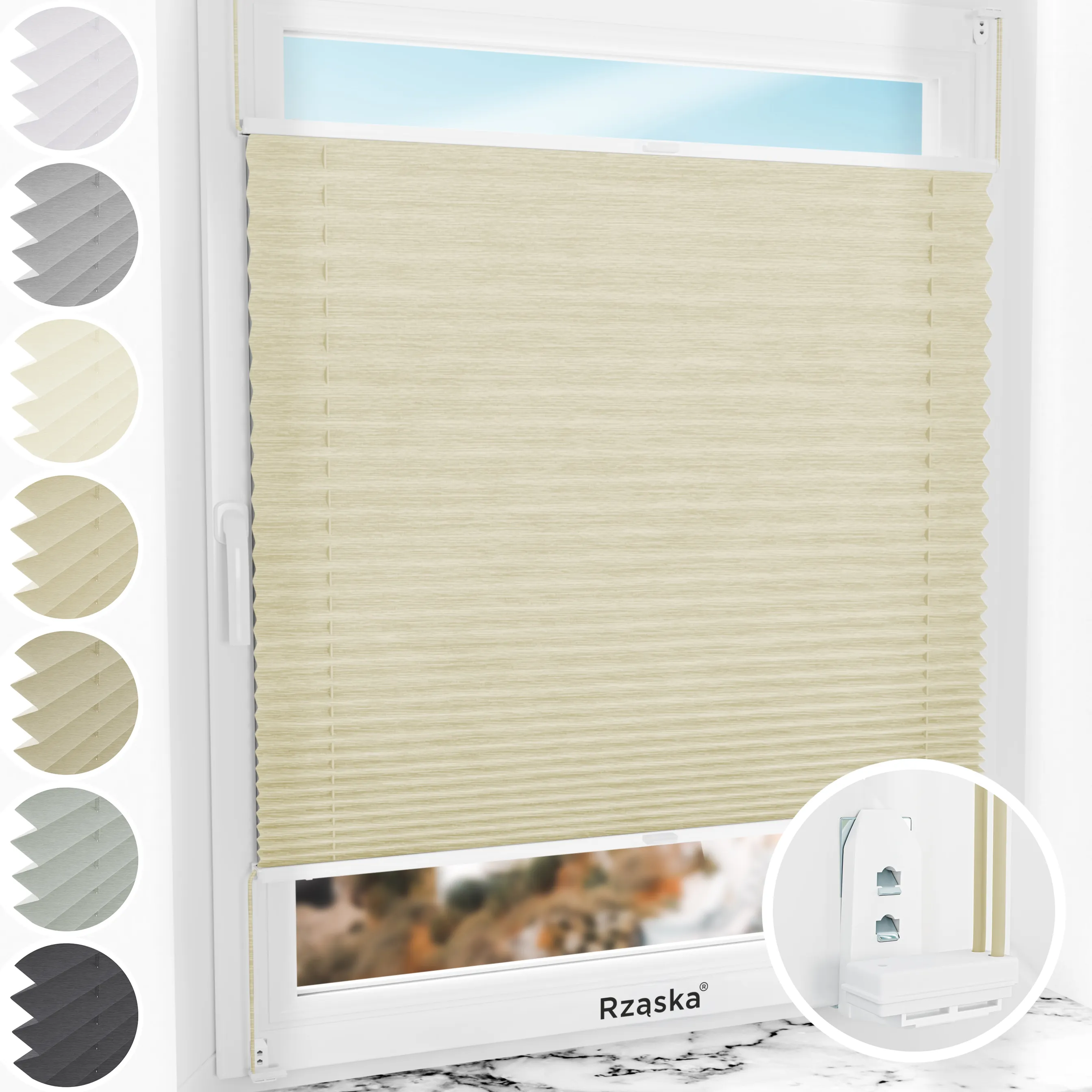 Inwazyjne plisy okienne Rząska® na wymiar, uchwyty Risinfix Double 2w1, kolekcja Dolomite w kolorze Mokry piasek, beżowym z profilem białym.