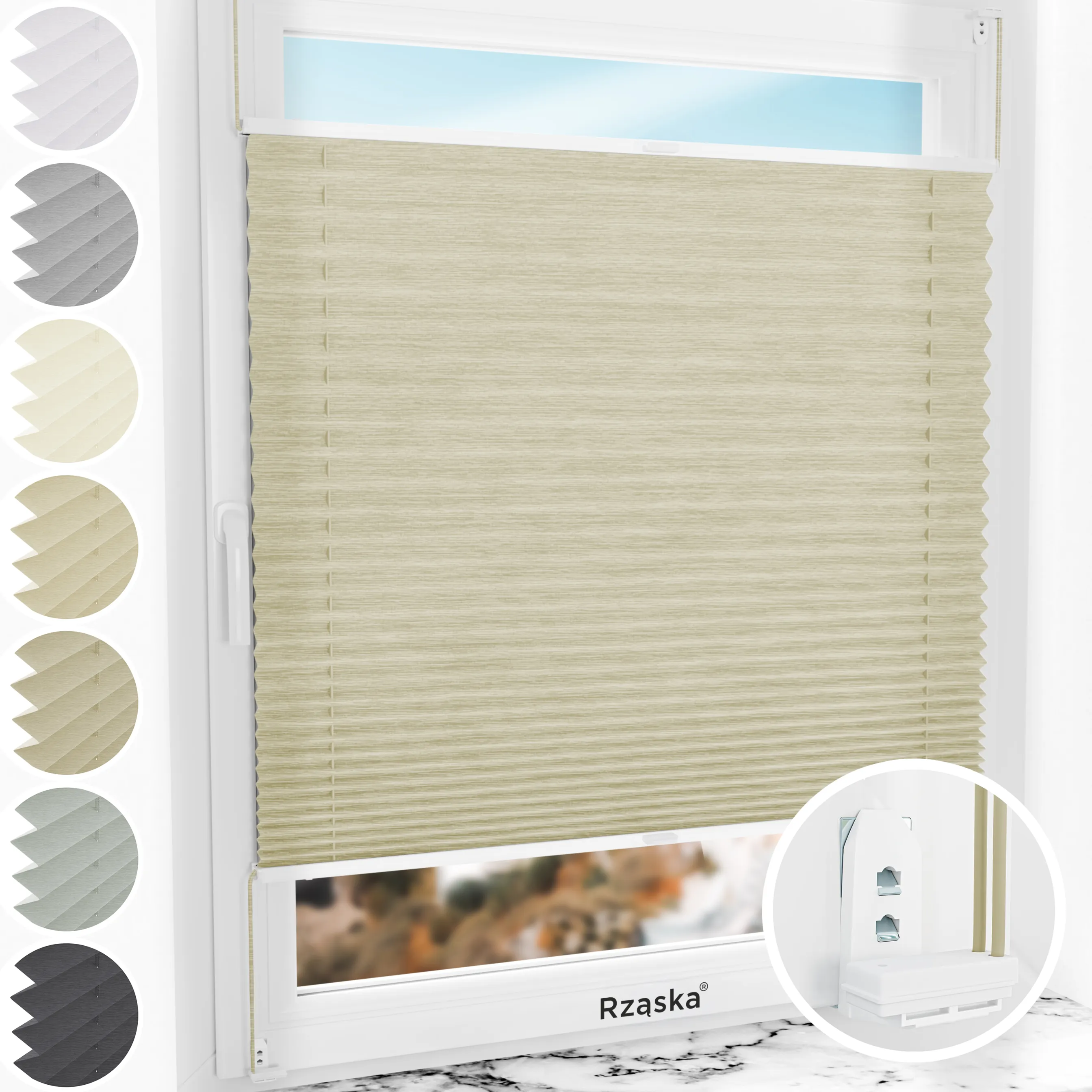 Inwazyjne plisy okienne Rząska® na wymiar, uchwyty Risinfix Double 2w1, kolekcja Dolomite w kolorze Lekka kawa, beżowym z profilem białym.