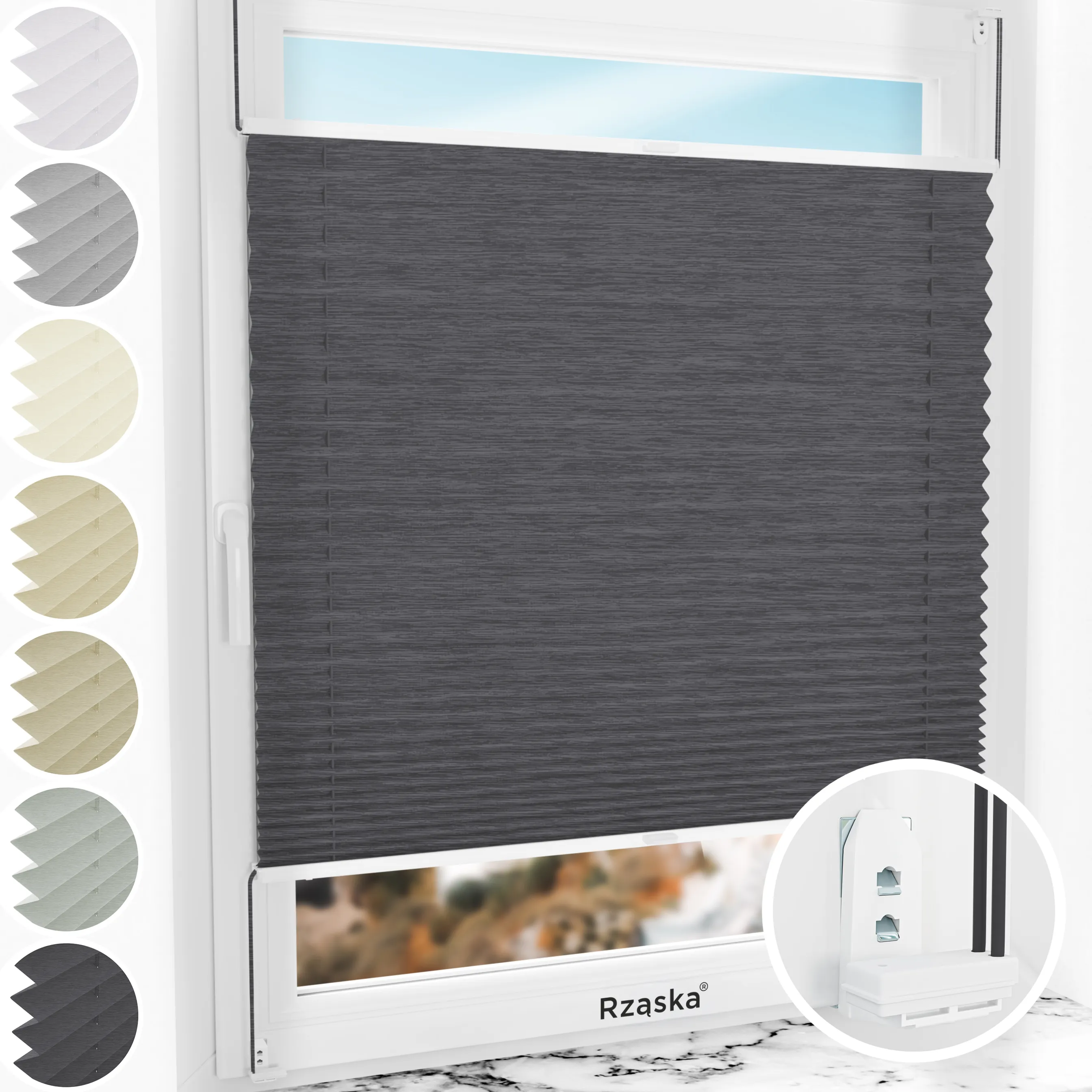 Inwazyjne plisy okienne Rząska® na wymiar, uchwyty Risinfix Double 2w1, kolekcja Dolomite w kolorze Ciemny vintage, szarym z profilem białym.