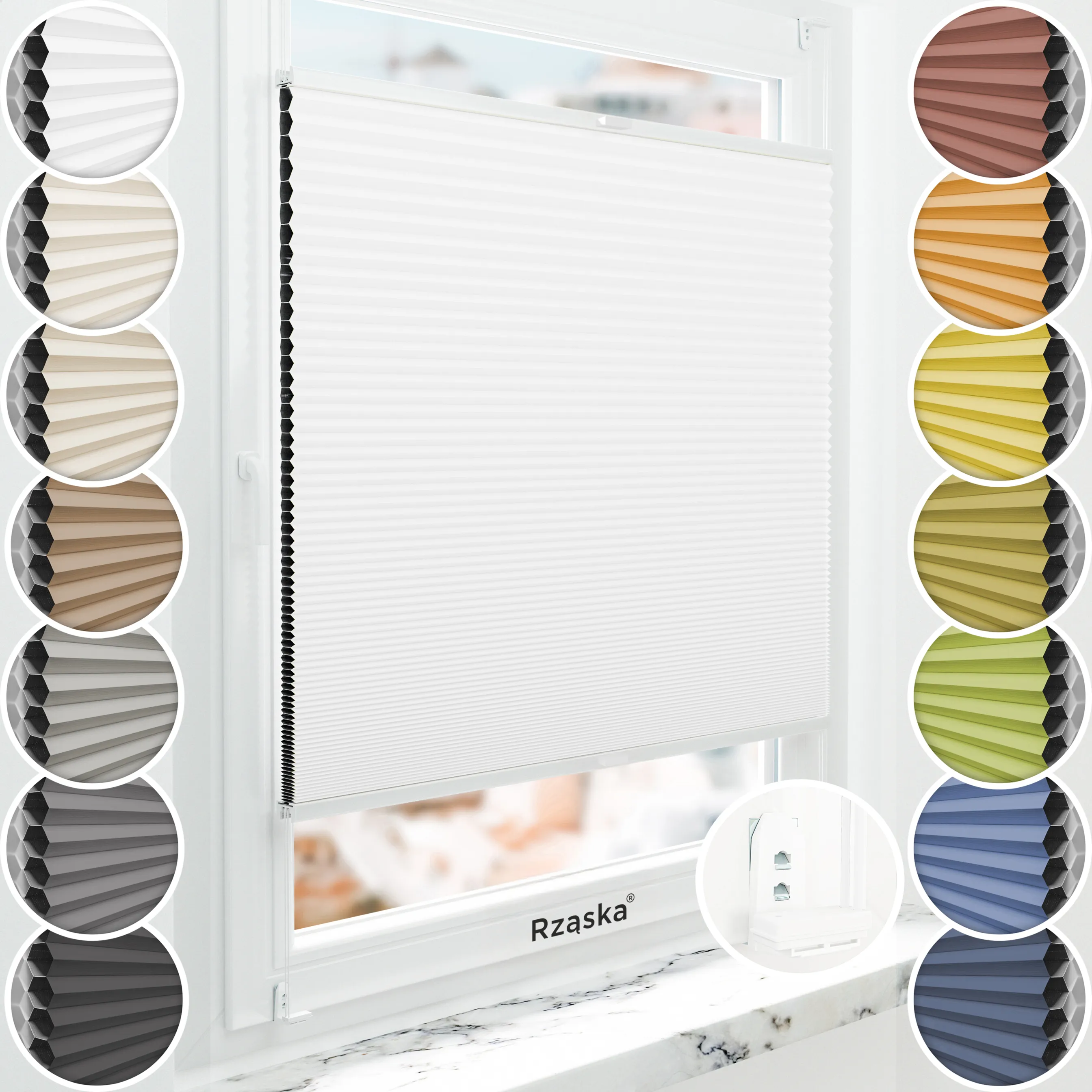 Inwazyjne plisy zaciemniające Rząska® na wymiar o strukturze plastra miodu kolekcja Honeycomb w kolorze Światło księżyca, białym z profilem białym.