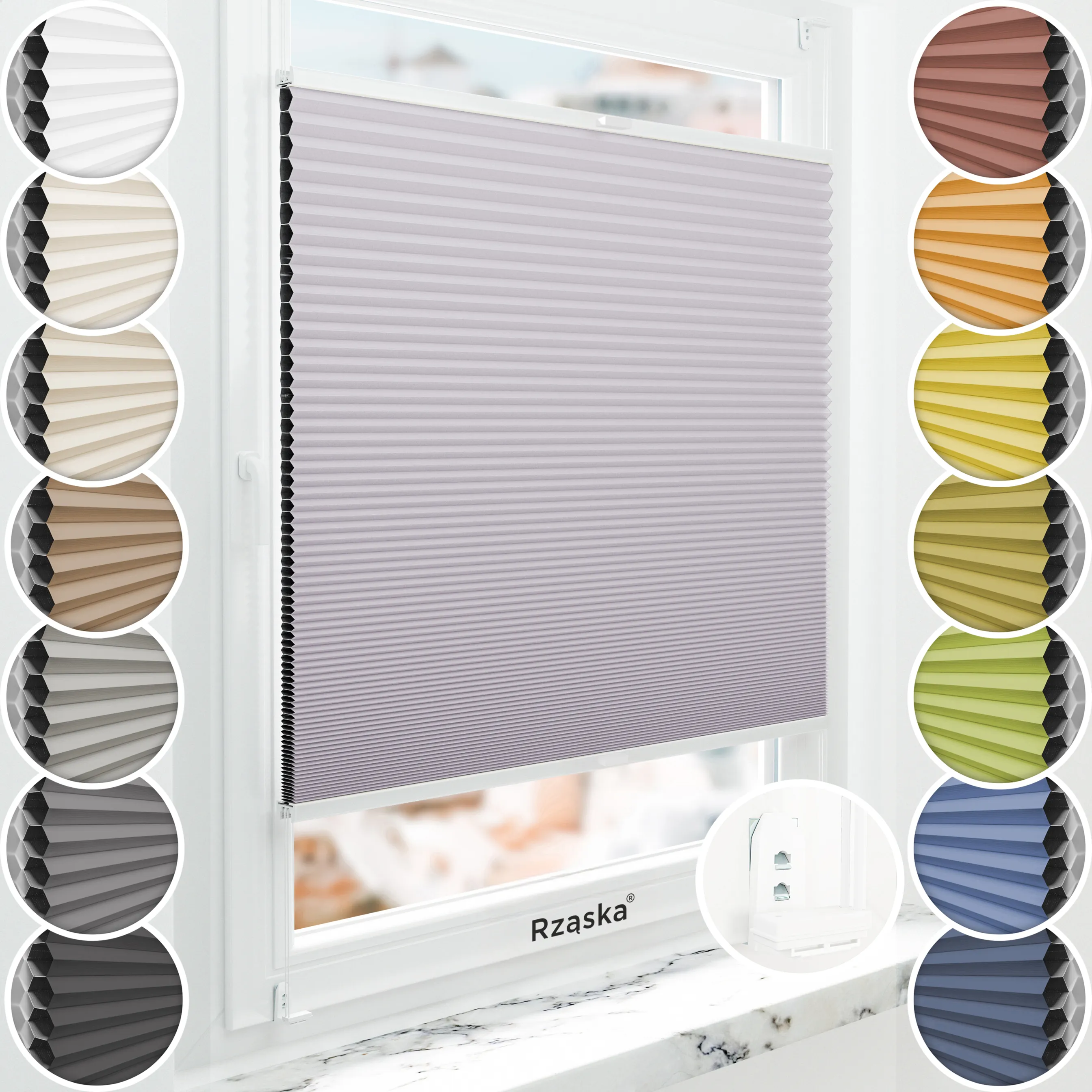 Inwazyjne plisy zaciemniające Rząska® na wymiar o strukturze plastra miodu kolekcja Honeycomb w kolorze Japońska Wiśnia, pastelowy fiolet z profilem białym.