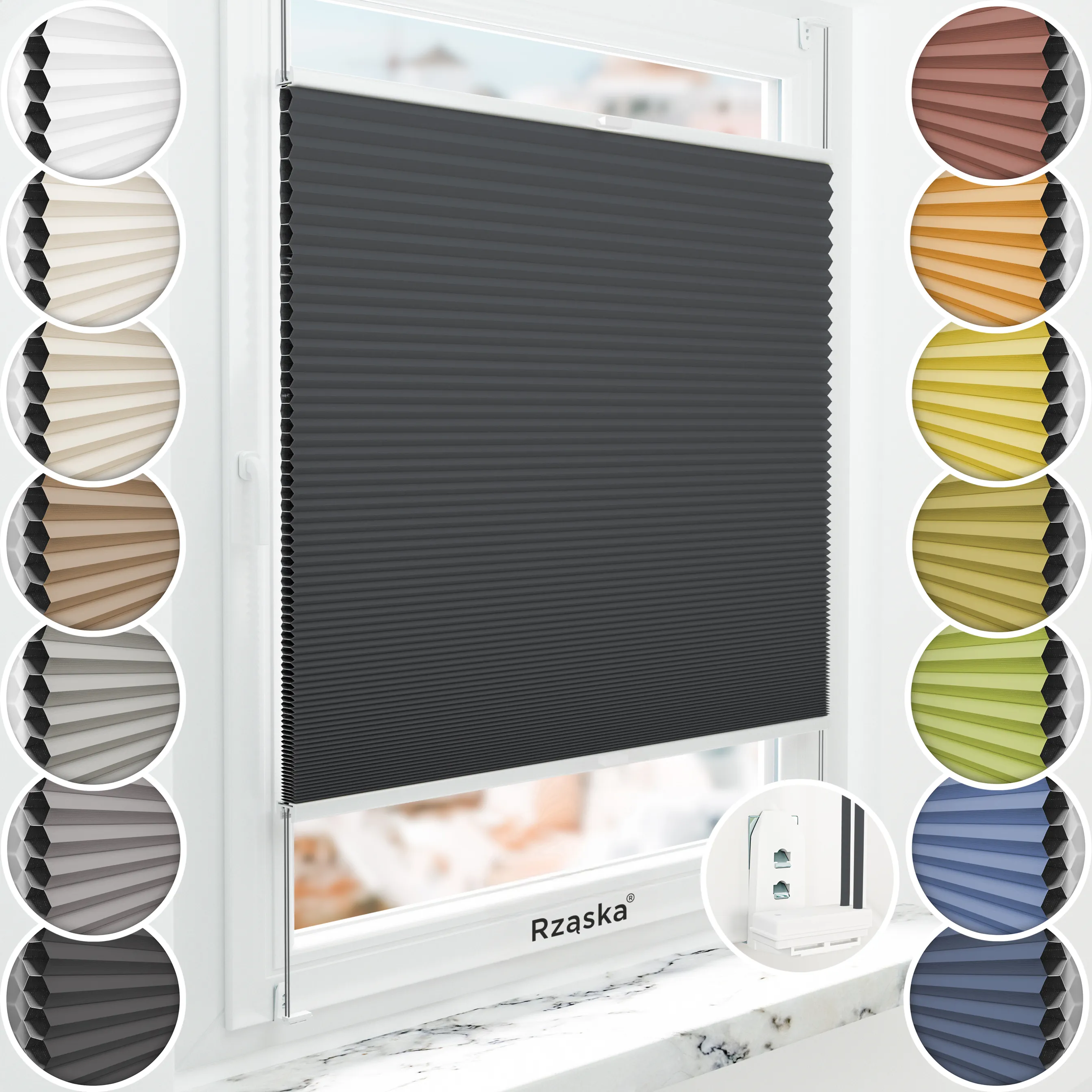 Inwazyjne plisy zaciemniające Rząska® na wymiar o strukturze plastra miodu kolekcja Honeycomb w kolorze Popiół Północy, antracytowym z profilem białym.