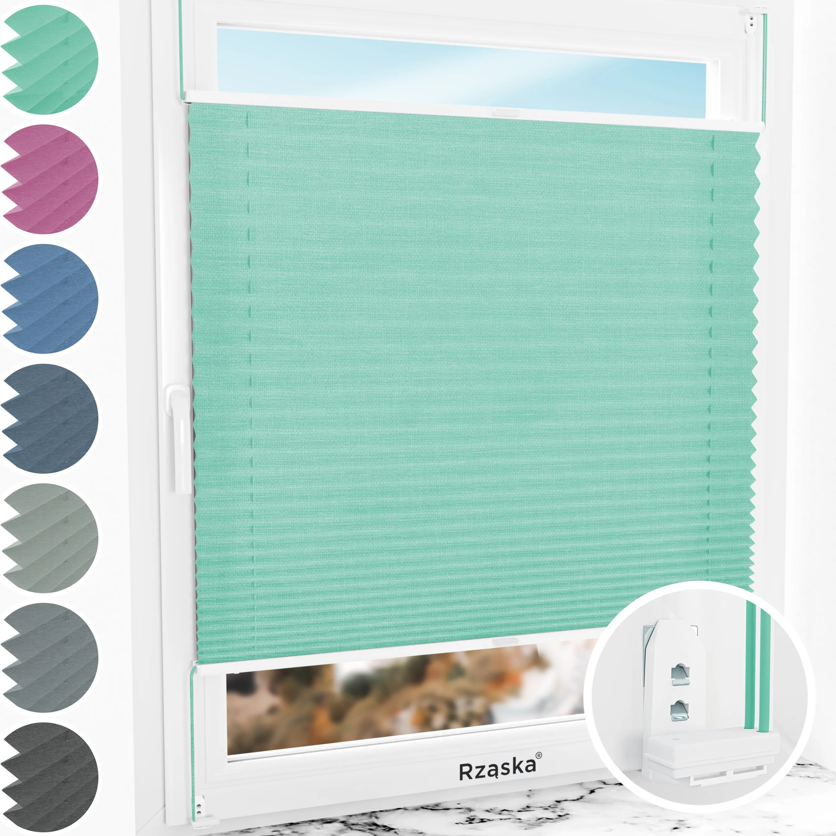 Inwazyjne rolety okienne wewnętrzne Rząska® na wymiar, uchwyty Risinfix Double 2w1, kolekcja Melange w kolorze Miętowe lody, zielonym z profilem białym.