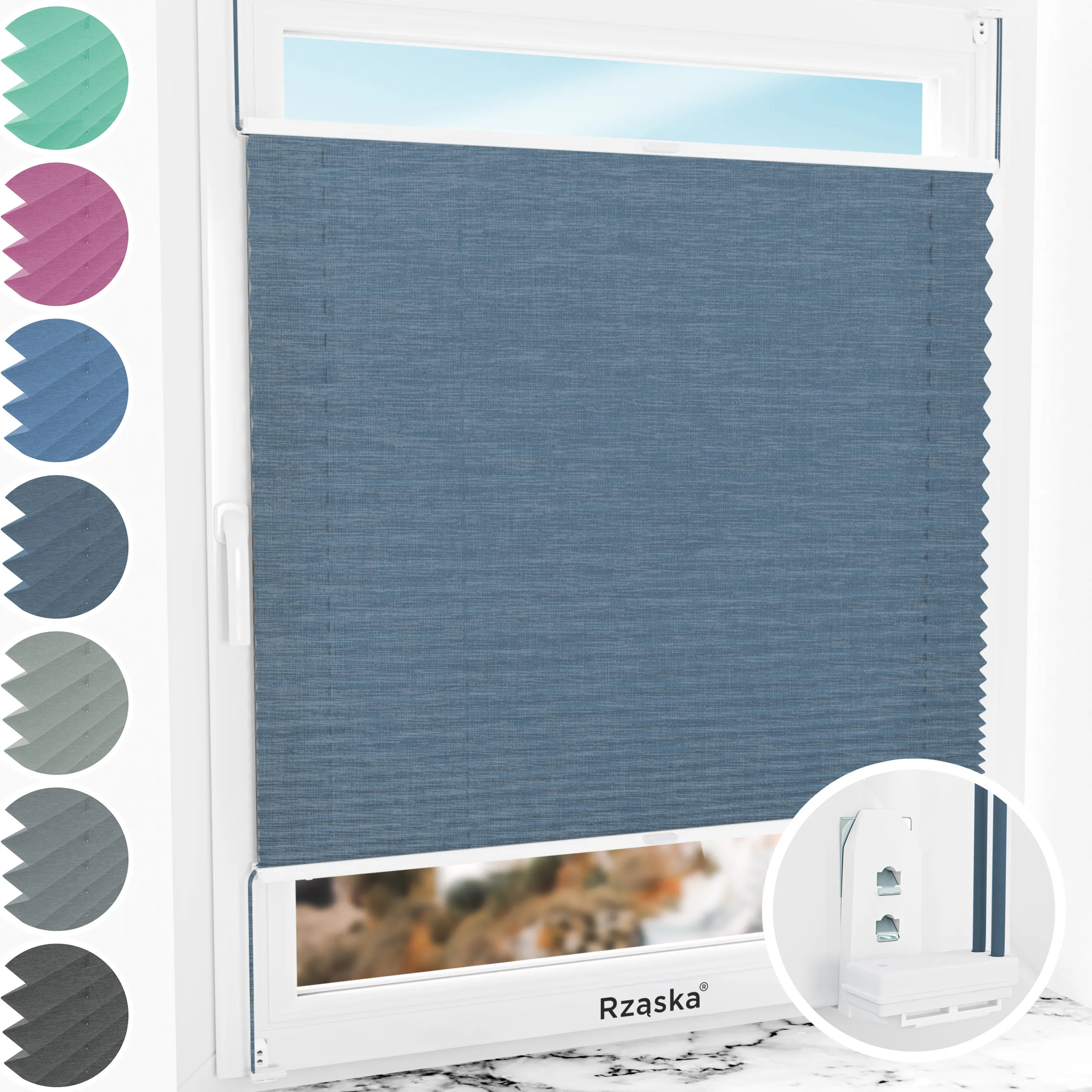 Inwazyjne rolety okienne wewnętrzne Rząska® na wymiar, uchwyty Risinfix Double 2w1, kolekcja Melange w kolorze Podczas desczu, niebieskim z profilem białym.