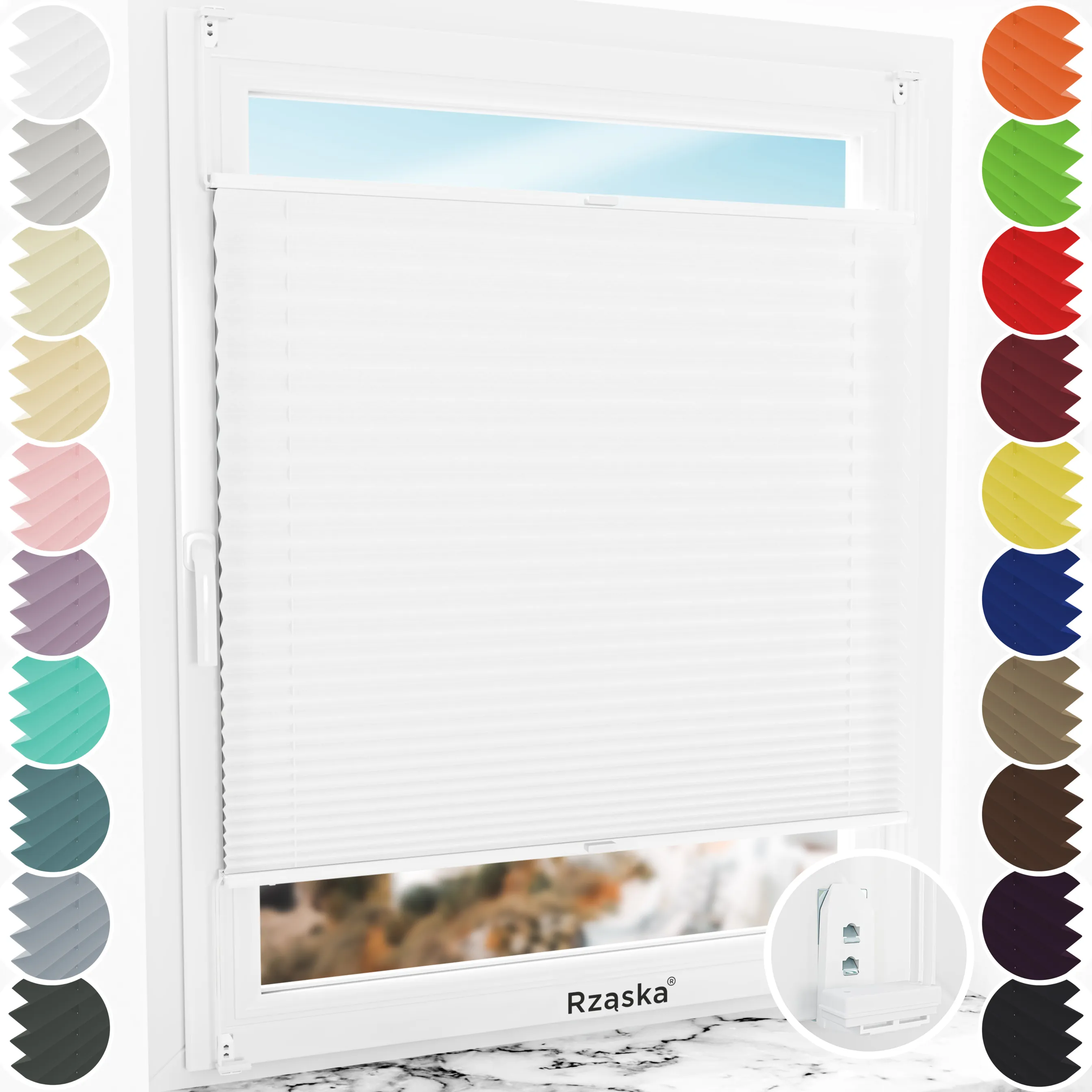 Inwazyjne rolety okienne wewnętrzne Rząska® na wymiar, uchwyty Risinfix Double 2w1, kolekcja Premium w kolorze Białe święto, białym z profilem białym.