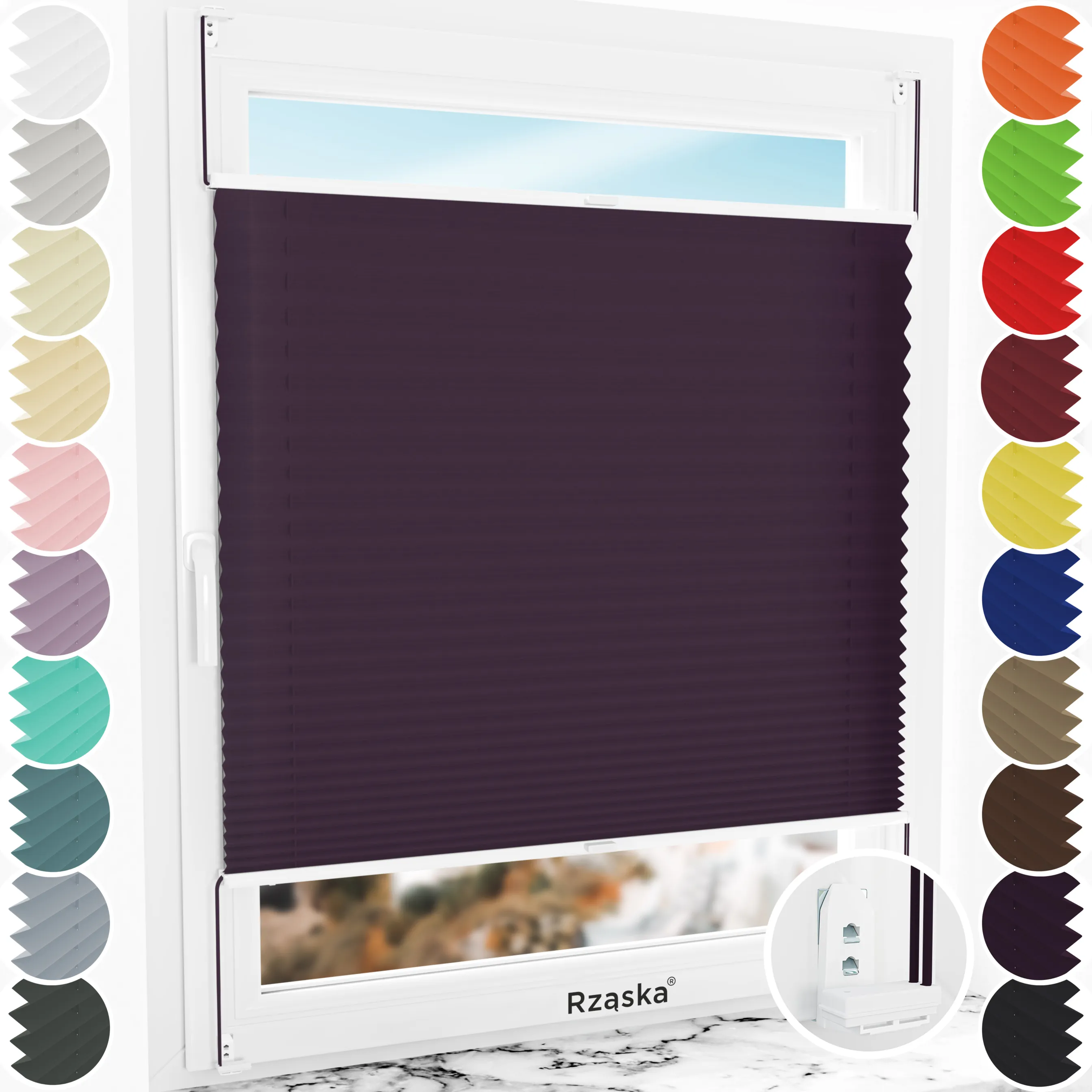 Inwazyjne rolety okienne wewnętrzne Rząska® na wymiar, uchwyty Risinfix Double 2w1, kolekcja Premium w kolorze Muza północy, flioletowym z profilem białym.