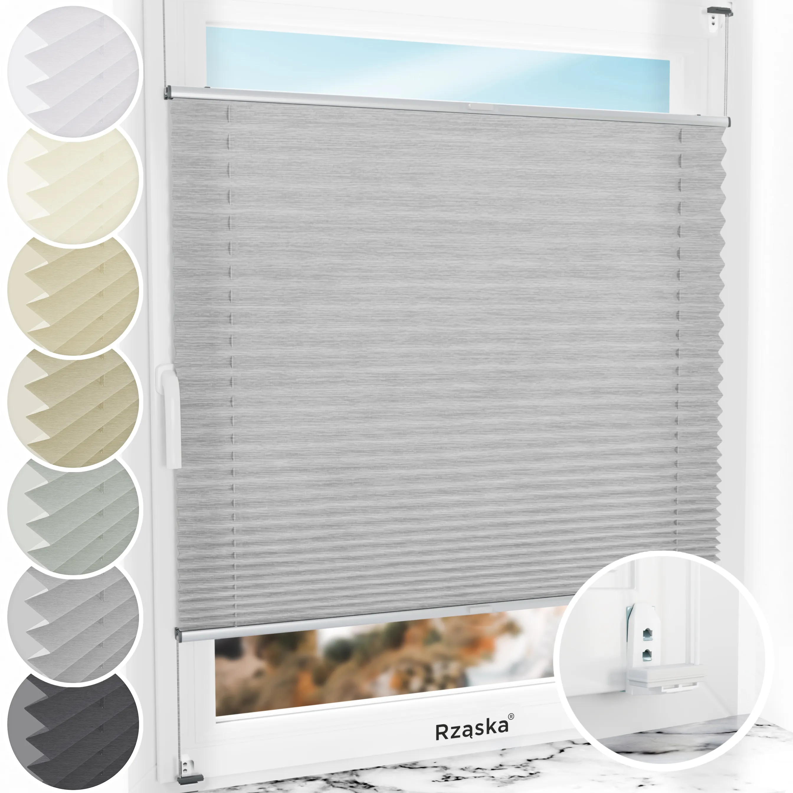 Inwazyjne plisy okienne Rząska® na wymiar, uchwyty Risinfix Double 2w1, kolekcja Dolomite w kolorze Szary sztorm, szarym z profilem srebrnym.