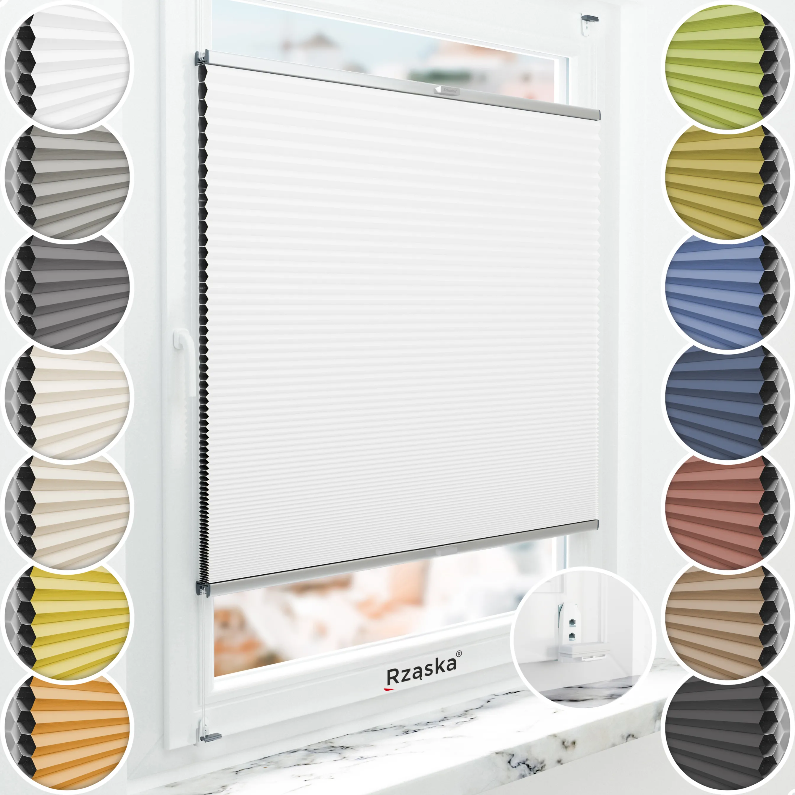 Inwazyjne plisy zaciemniające Rząska® na wymiar o strukturze plastra miodu kolekcja Honeycomb w kolorze Światło księżyca, białym z profilem srebrnym.