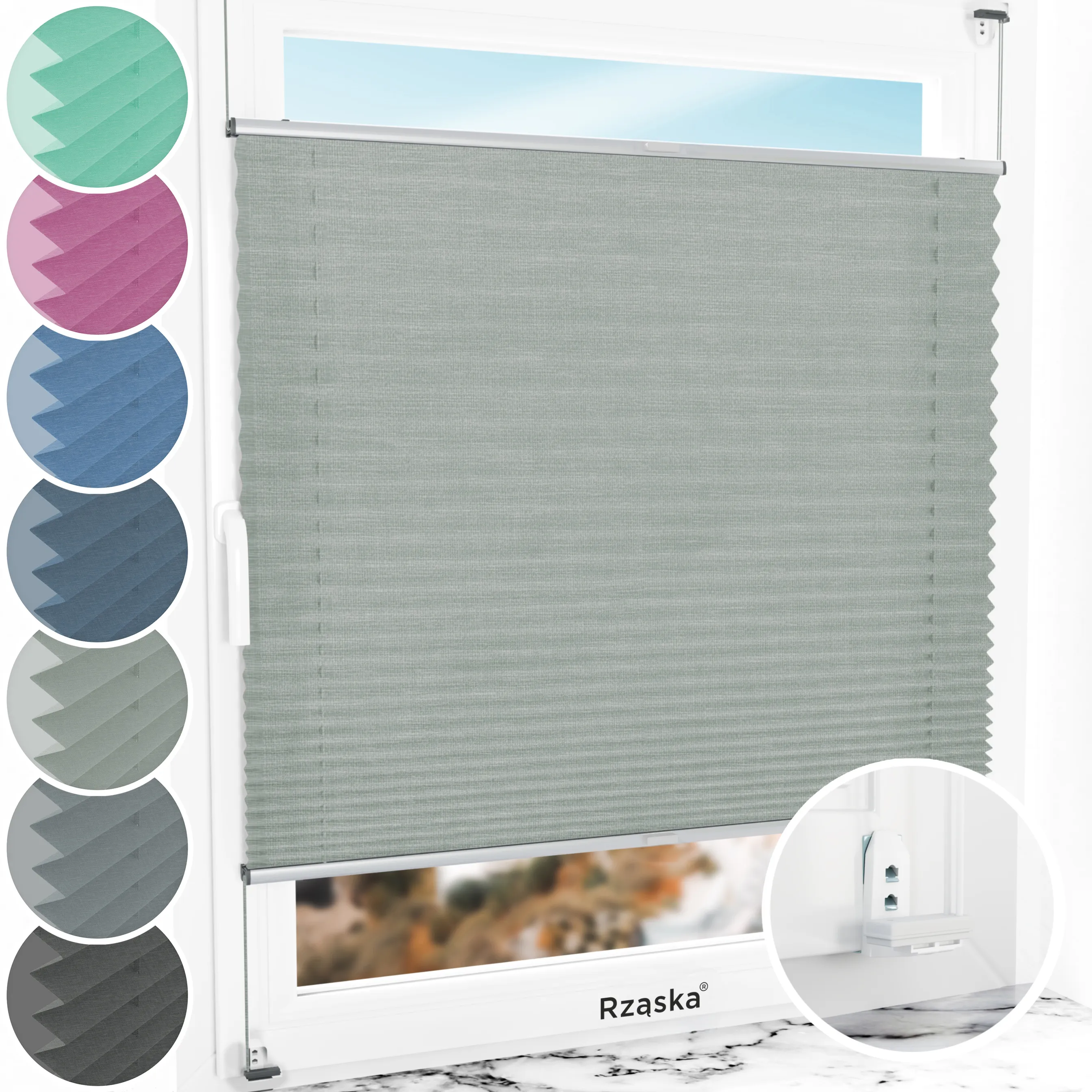 Inwazyjne rolety okienne wewnętrzne Rząska® na wymiar, uchwyty Risinfix Double 2w1, kolekcja Melange w kolorze W drodze, szarym z profilem srebrnym.