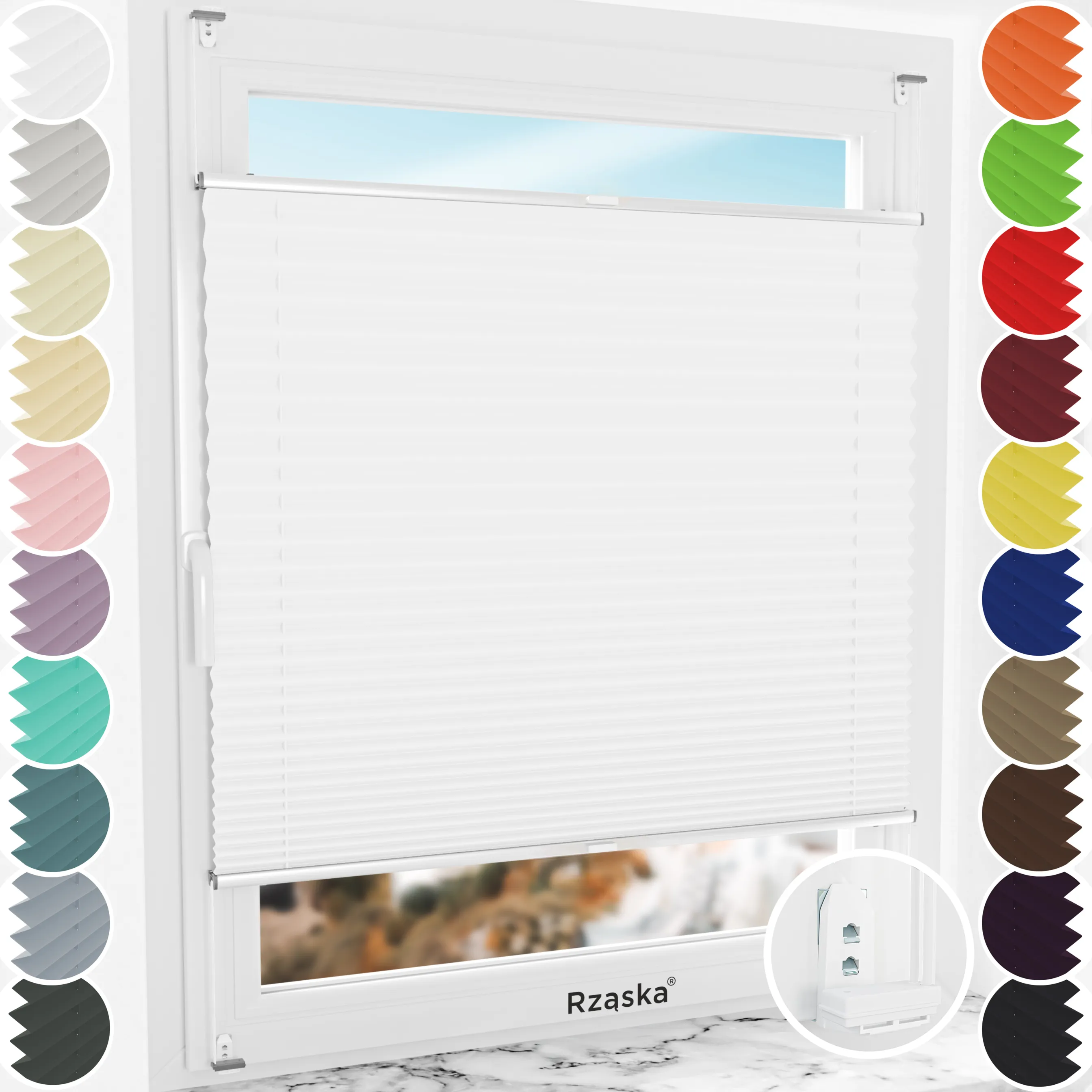 Inwazyjne plisy okienne Rząska® na wymiar, uchwyty Risinfix Double 2w1, kolekcja Thermo w kolorze Białe święto, białym z profilem srebrnym.