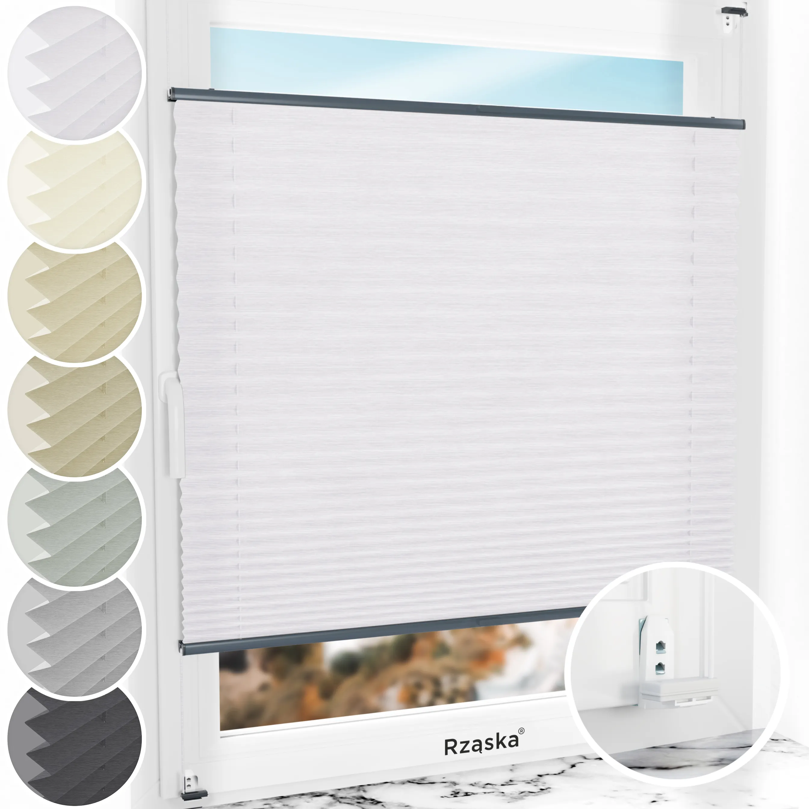 Inwazyjne plisy okienne Rząska® na wymiar, uchwyty Risinfix Double 2w1, kolekcja Dolomite w kolorze Zimny poranek, szarym z profilem antracytowym.