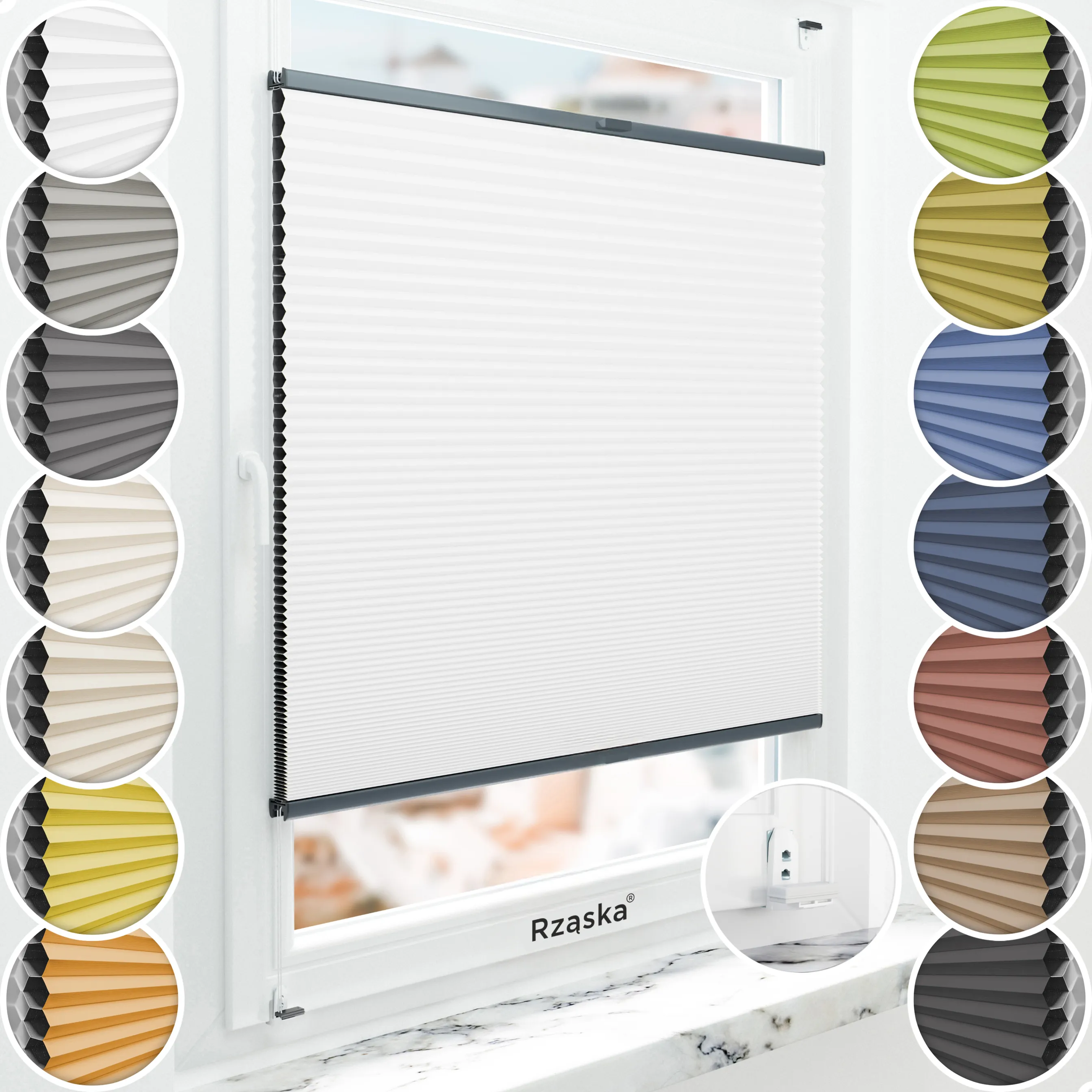 Inwazyjne plisy zaciemniające Rząska® na wymiar o strukturze plastra miodu kolekcja Honeycomb w kolorze Światło księżyca, białym z profilem antracytowym.