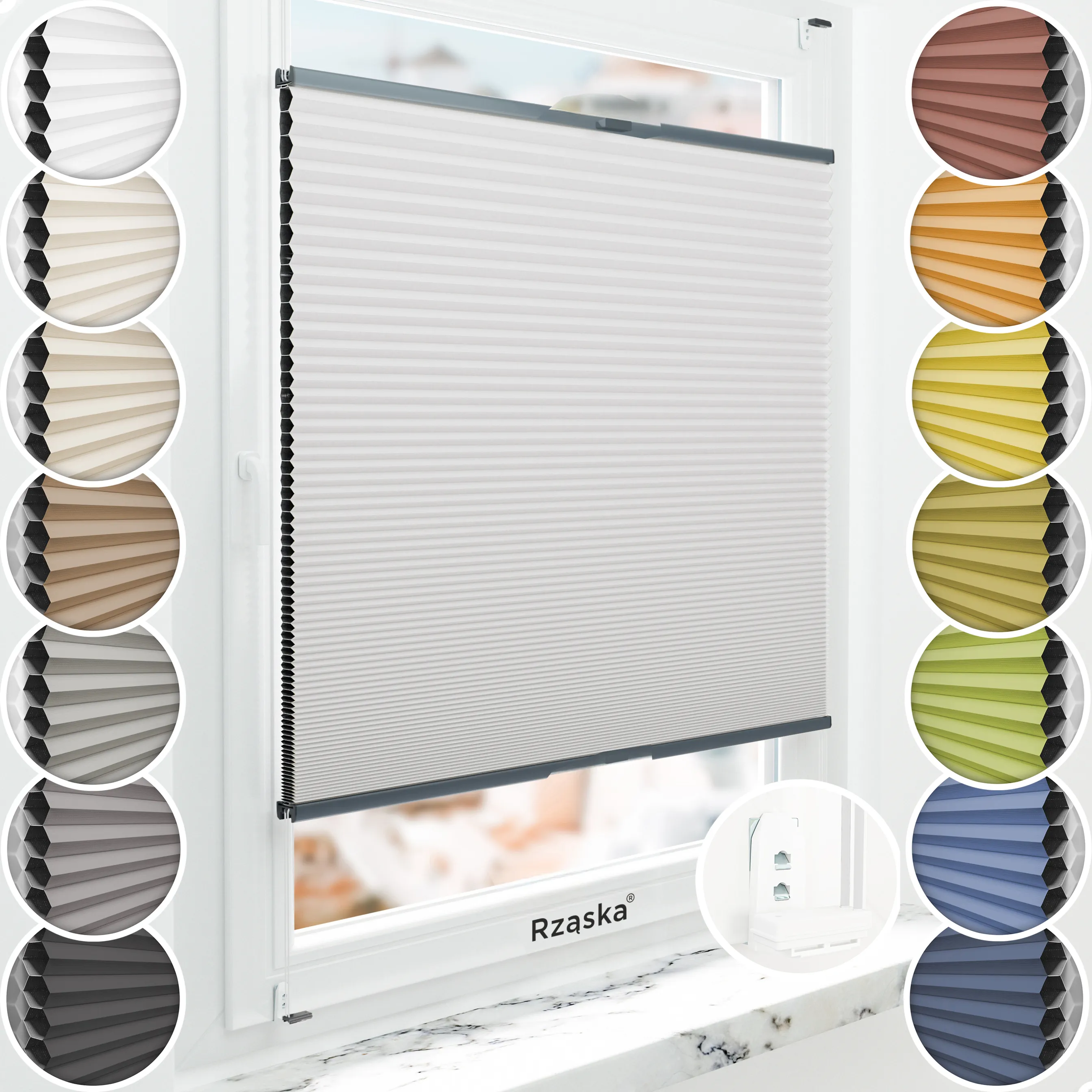 Inwazyjne plisy zaciemniające Rząska® na wymiar o strukturze plastra miodu kolekcja Honeycomb w kolorze Szary Dotyk, pastelowym szarym z profilem antracytowym.