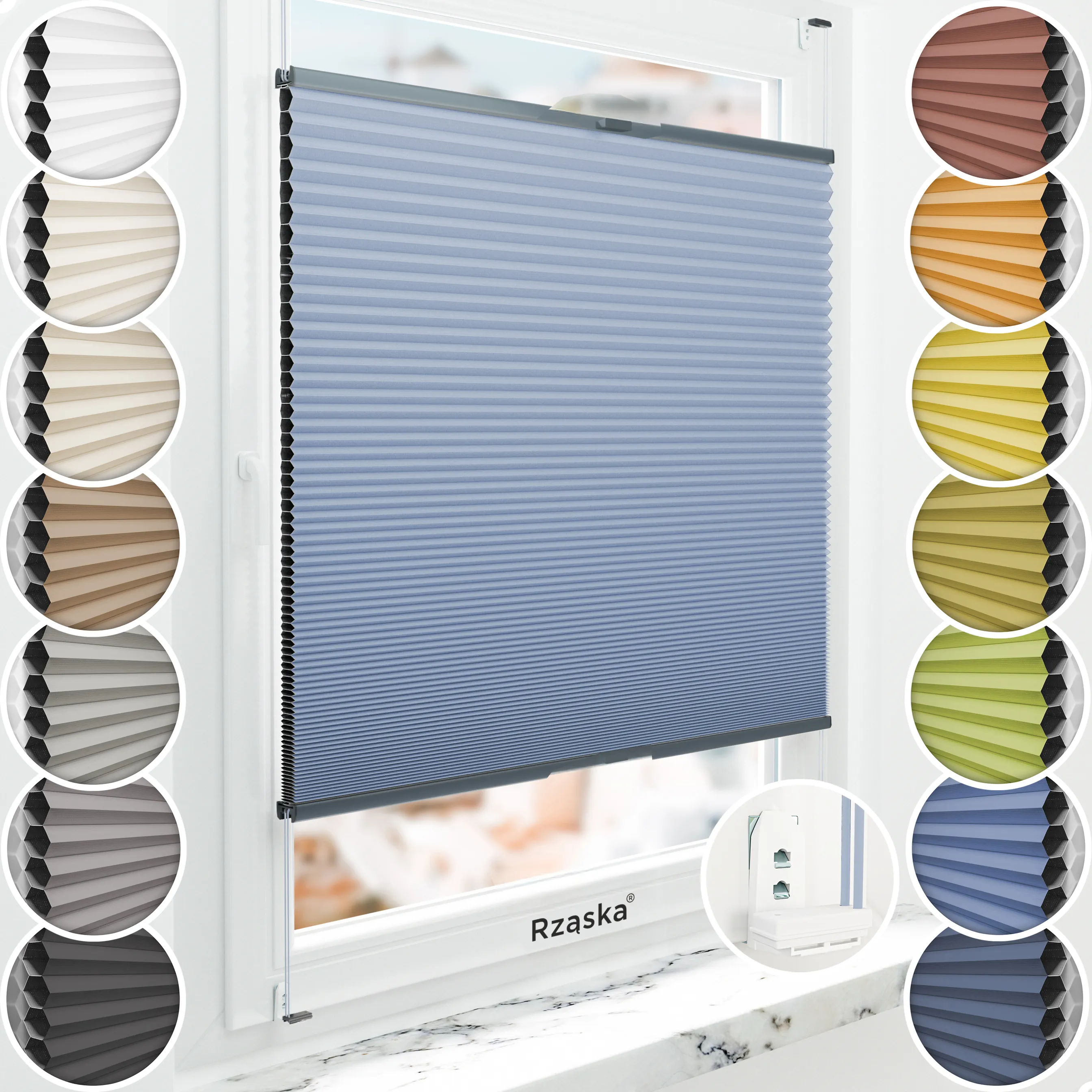 Inwazyjne plisy zaciemniające Rząska® na wymiar o strukturze plastra miodu kolekcja Honeycomb w kolorze Lodowy Ocean, jasnoniebieskim z profilem antracytowym.