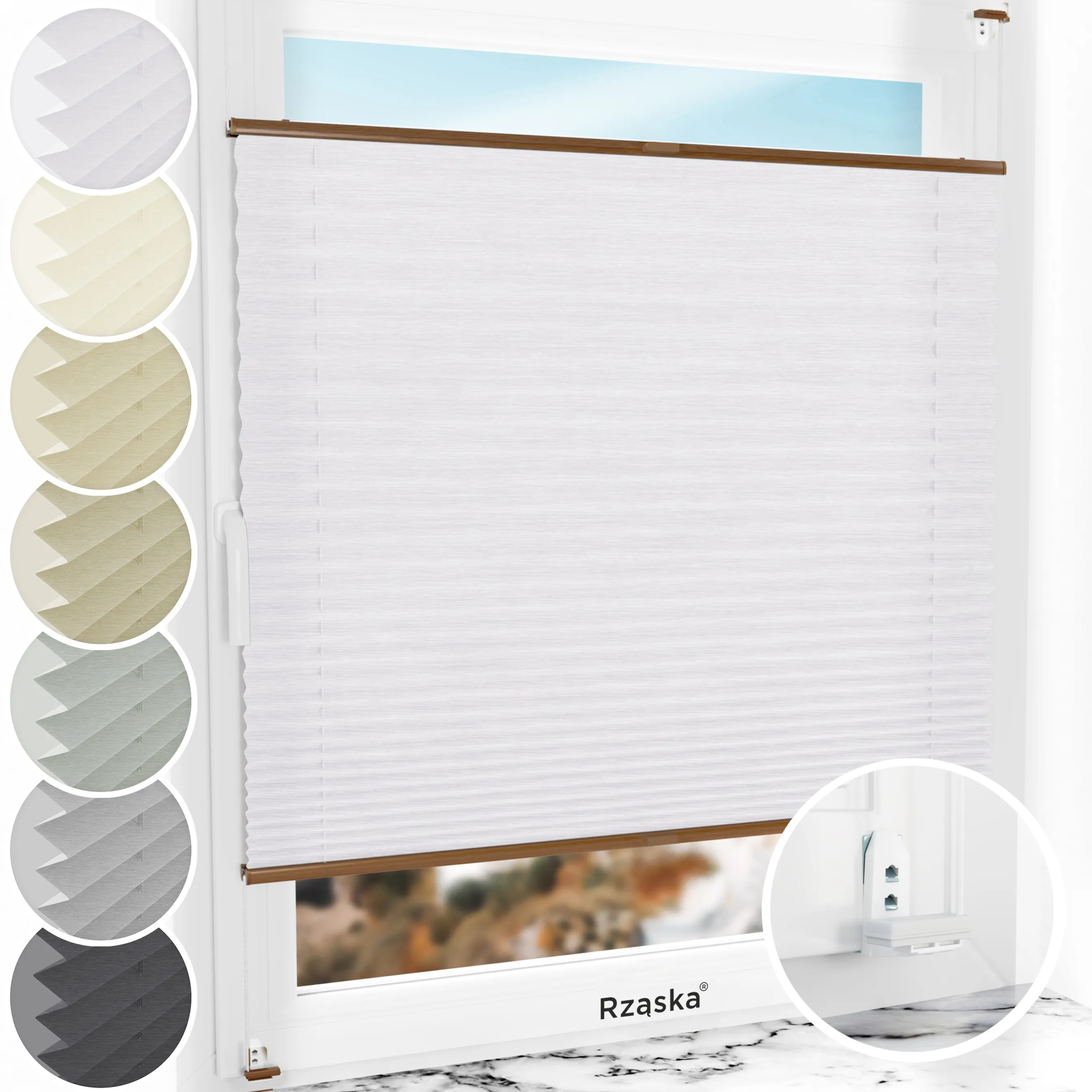 Inwazyjne plisy okienne Rząska® na wymiar, uchwyty Risinfix Double 2w1, kolekcja Dolomite w kolorze Zimny poranek, szarym z profilem dębowym.