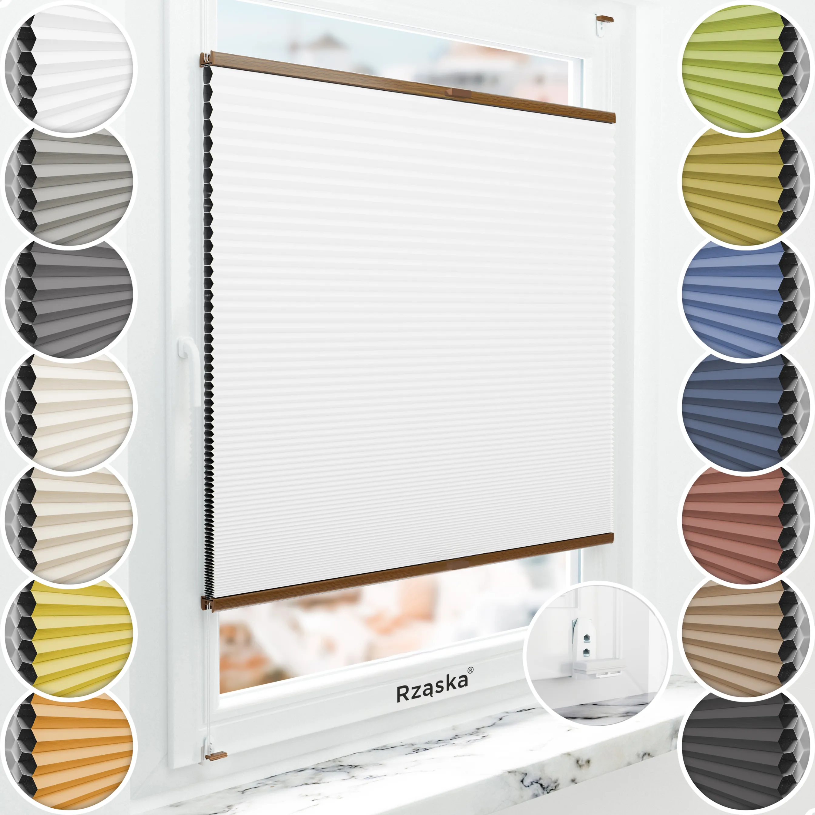 Inwazyjne plisy zaciemniające Rząska® na wymiar o strukturze plastra miodu kolekcja Honeycomb w kolorze Światło księżyca, białym z profilem dębowym.