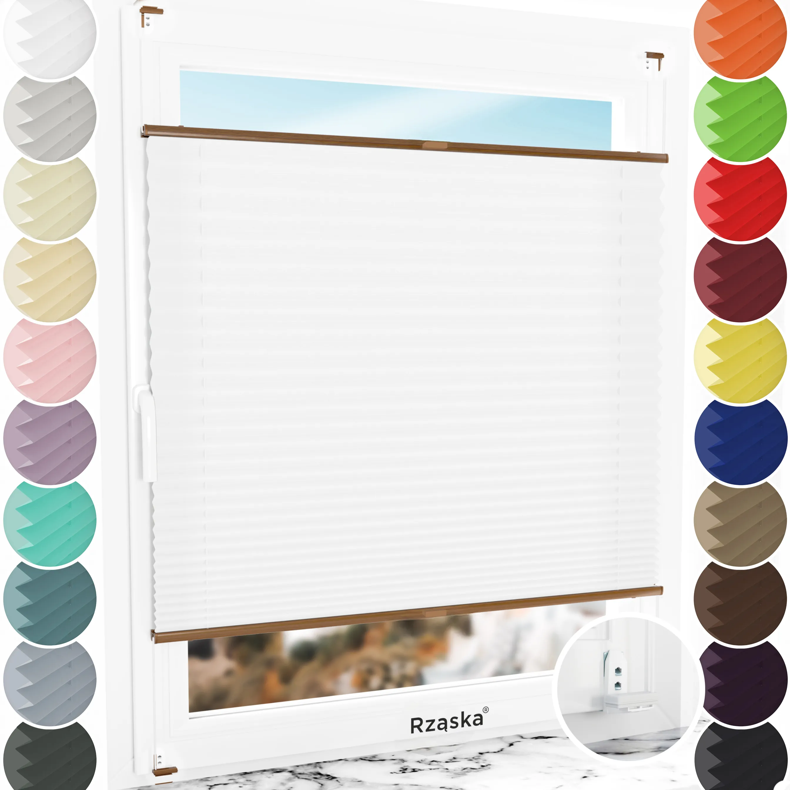 Inwazyjne rolety okienne wewnętrzne Rząska® na wymiar, uchwyty Risinfix Double 2w1, kolekcja Premium w kolorze Białe święto, białym z profilem dębowym.