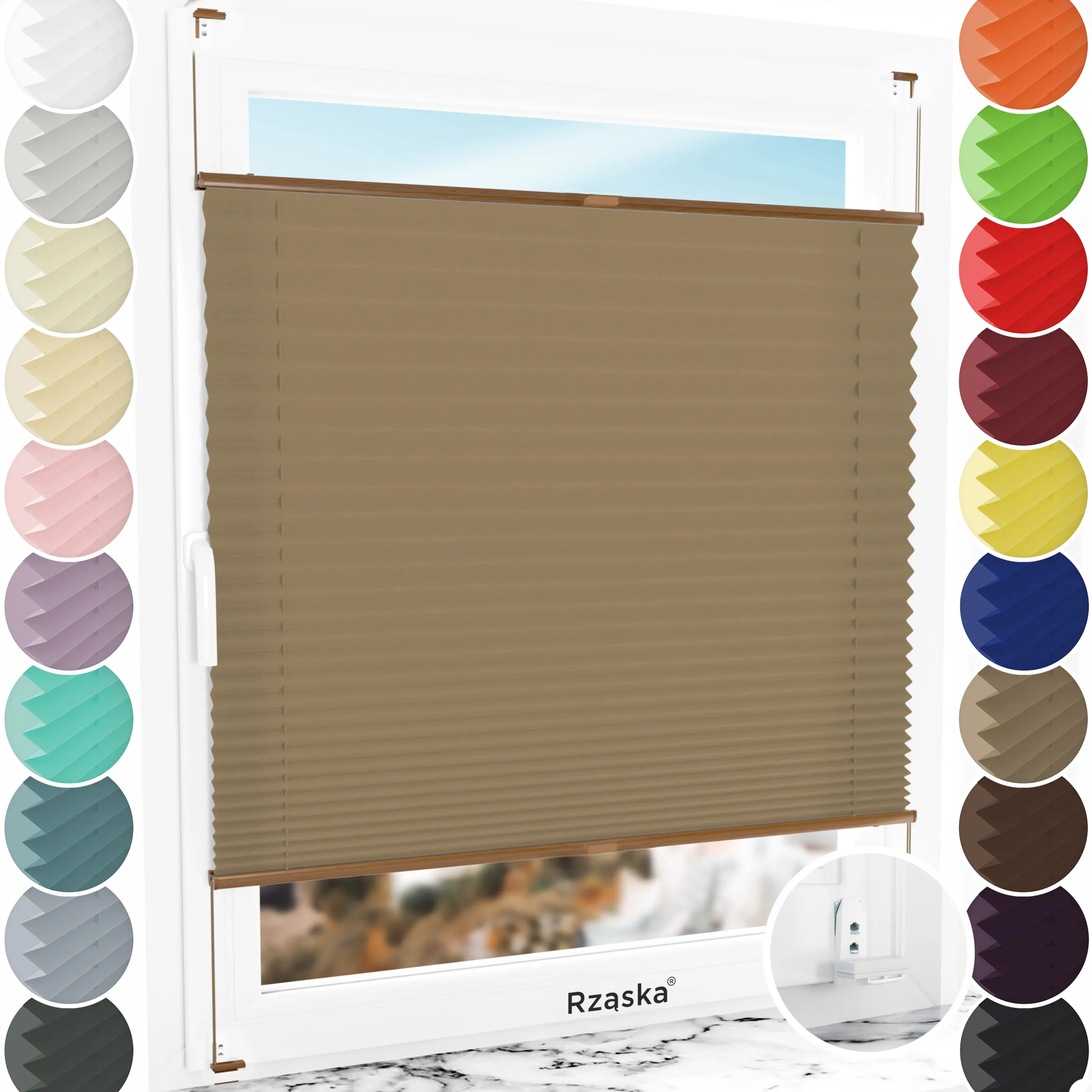 Inwazyjne rolety okienne wewnętrzne Rząska® na wymiar, uchwyty Risinfix Double 2w1, kolekcja Premium w kolorze Poranna kawa, jasnobrązowym z profilem dębowym.