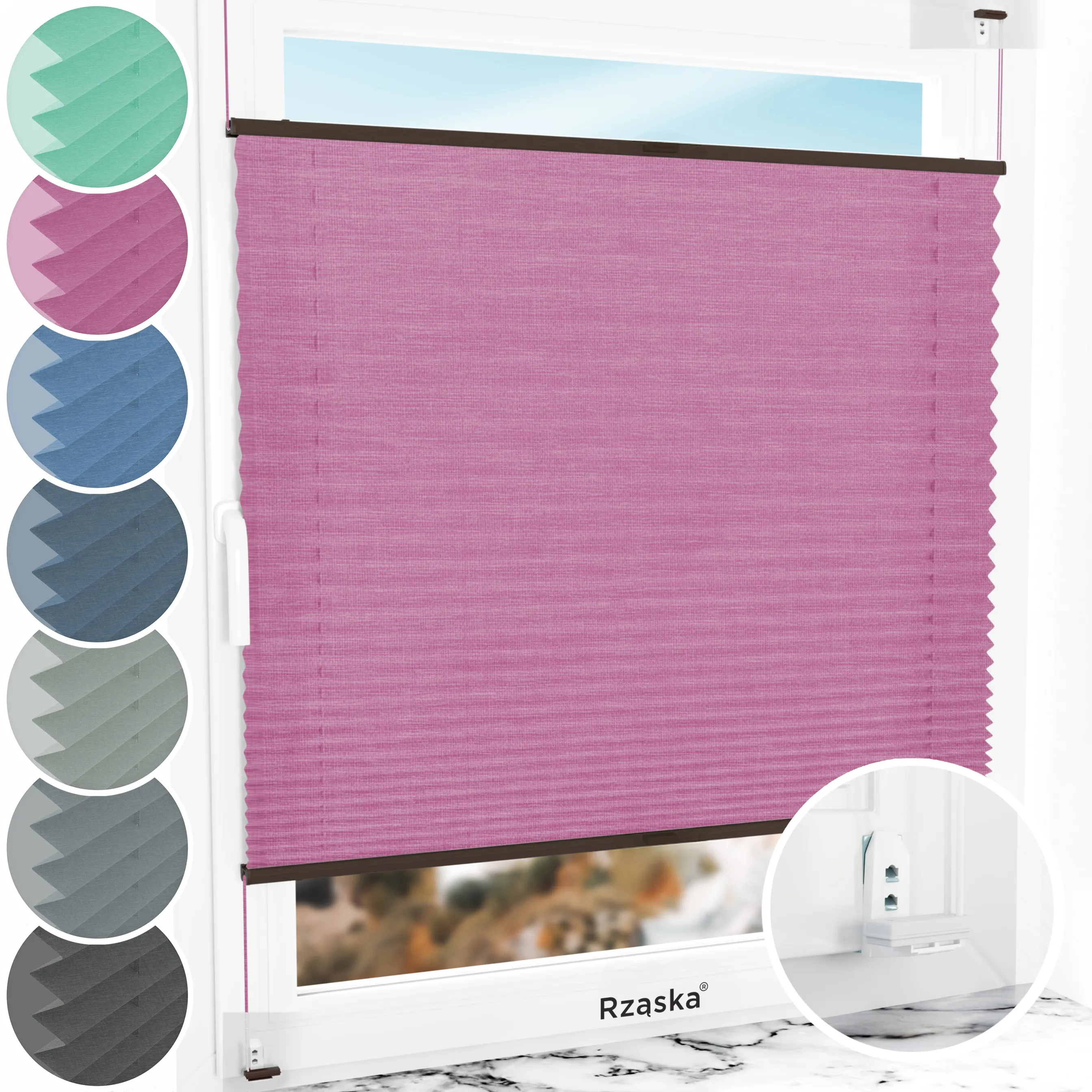 Inwazyjne rolety okienne wewnętrzne Rząska® na wymiar, uchwyty Risinfix Double 2w1, kolekcja Melange w kolorze Magiczny róż, różowym z profilem orzechowym.