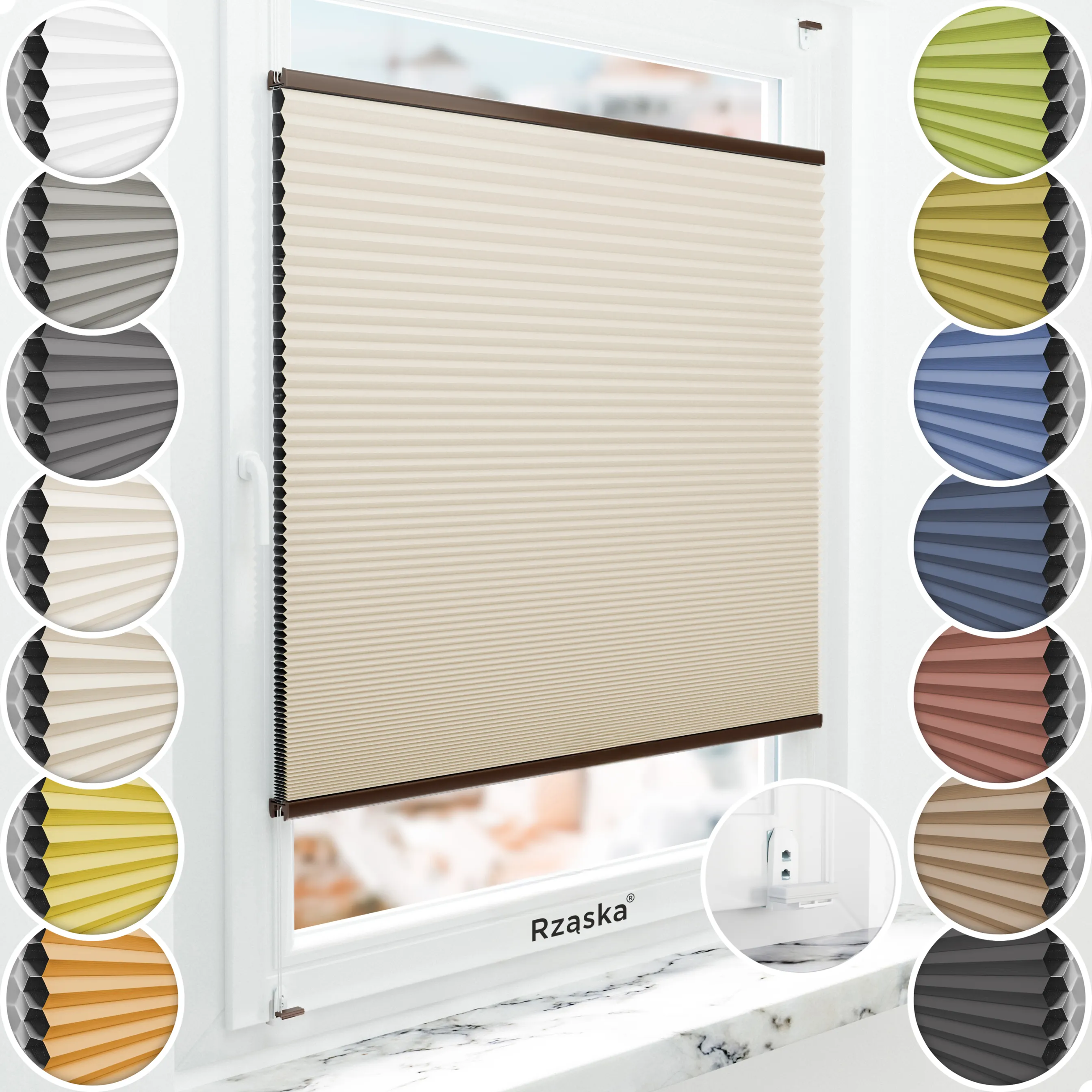 Inwazyjne plisy zaciemniające Rząska® na wymiar o strukturze plastra miodu kolekcja Honeycomb w kolorze Wydma, beżowym z profilem brązowym.