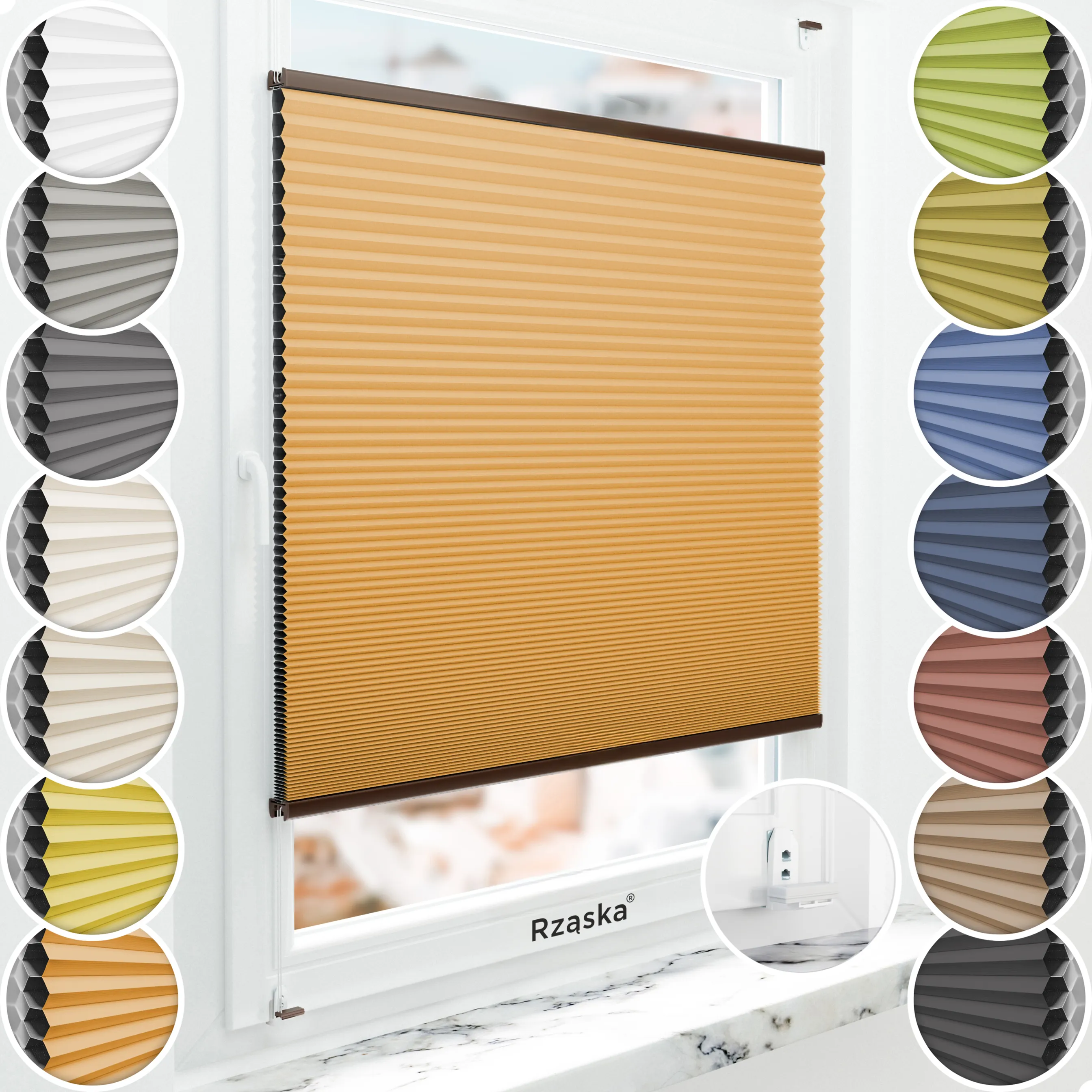 Inwazyjne plisy zaciemniające Rząska® na wymiar o strukturze plastra miodu kolekcja Honeycomb w kolorze Cytrusowa poświata, pomarańczowym z profilem brązowym.