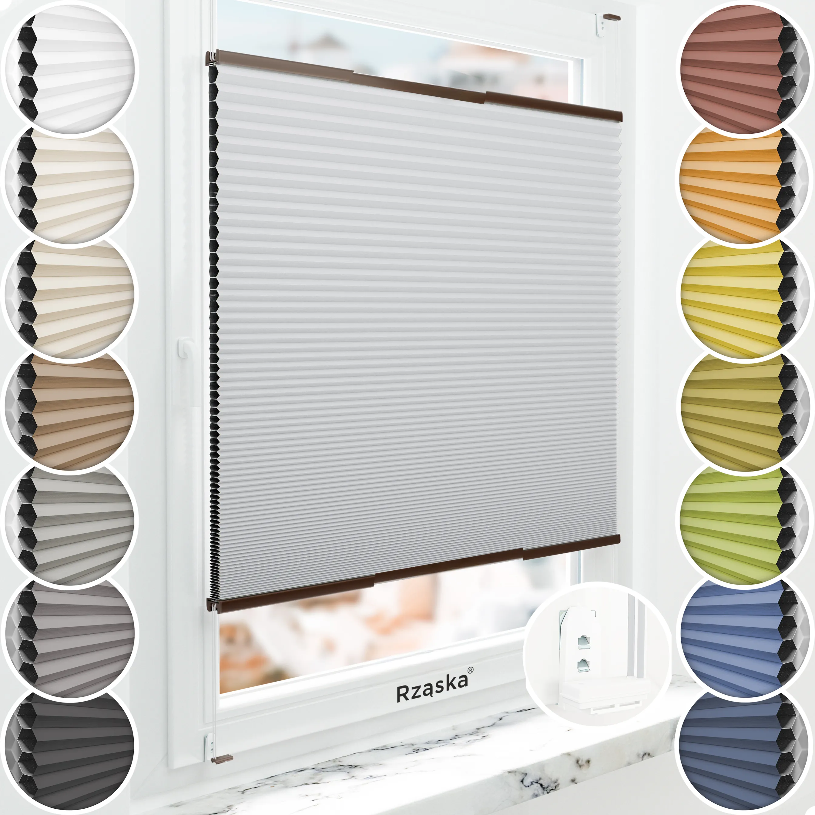 Inwazyjne plisy zaciemniające Rząska® na wymiar o strukturze plastra miodu kolekcja Honeycomb w kolorze Szept Poranka, jasnoszarym z profilem brązowym.