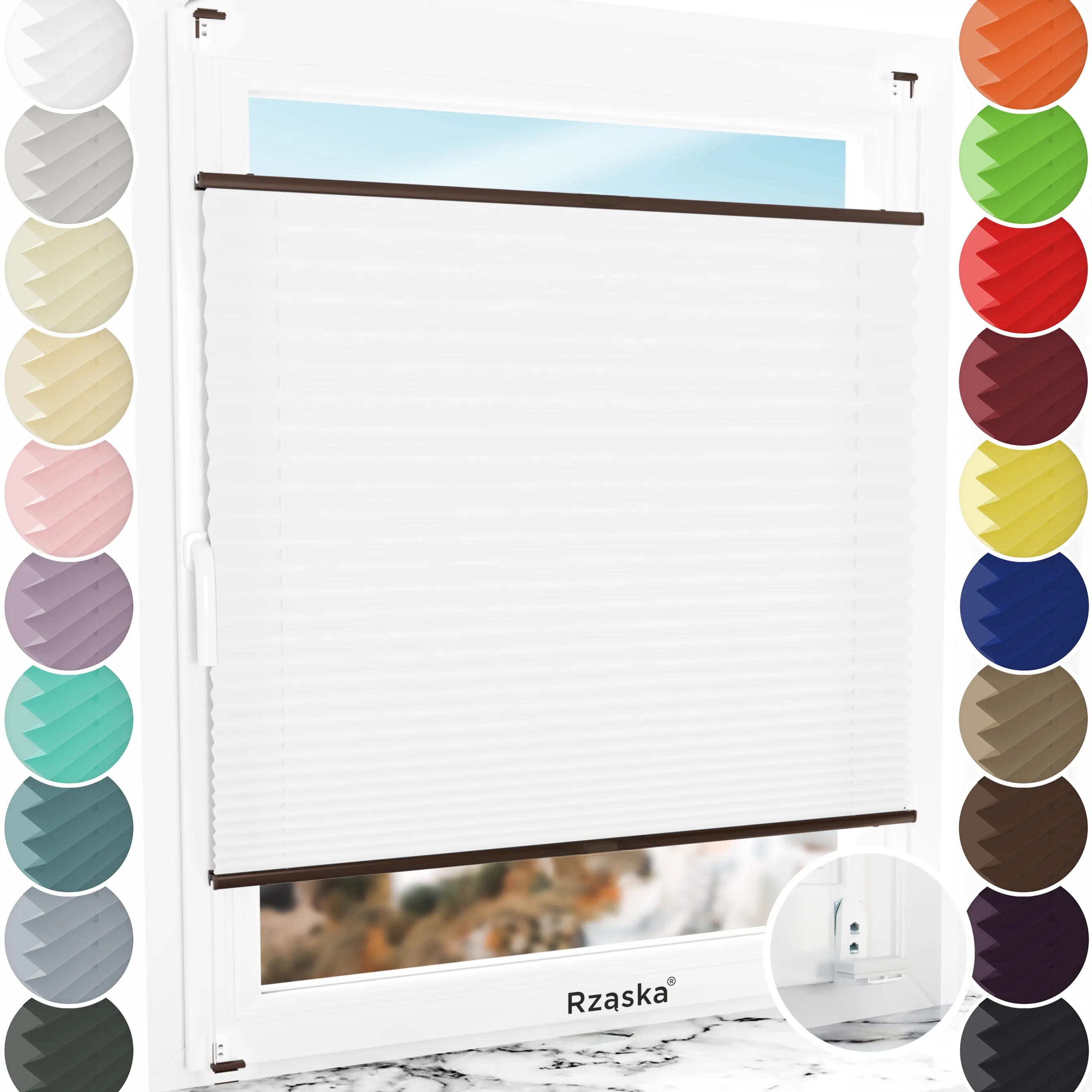 Inwazyjne rolety okienne wewnętrzne Rząska® na wymiar, uchwyty Risinfix Double 2w1, kolekcja Premium w kolorze Białe święto, białym z profilem brązowym.