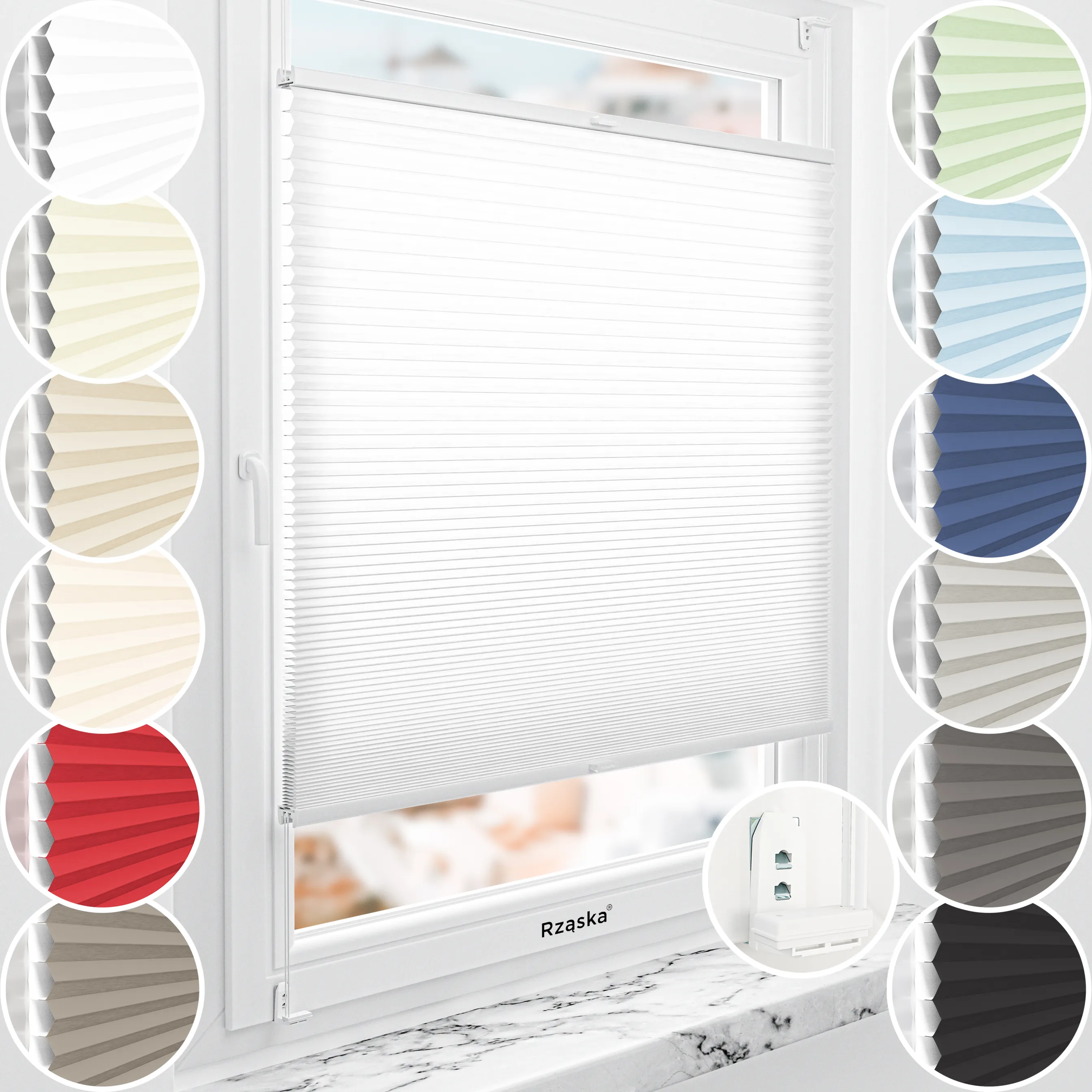 Rząska® bezinwazyjna roleta termoizolacyjna na wymiar • Thermo Honeycomb (Plaster Miodu): kolor tkaniny Kokosowy Mus, biały • Risinfix Double 2w1 • kolor profili biały