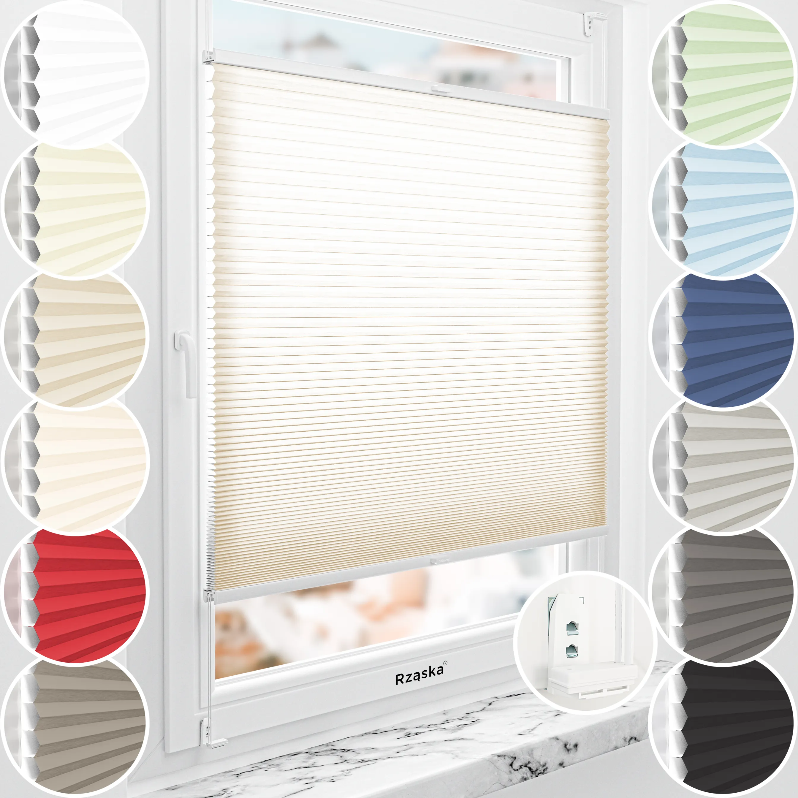 Rząska® bezinwazyjna roleta termoizolacyjna na wymiar • Thermo Honeycomb (Plaster Miodu): kolor tkaniny Krem Sezamowy, kremowy • Risinfix Double 2w1 • kolor profili biały