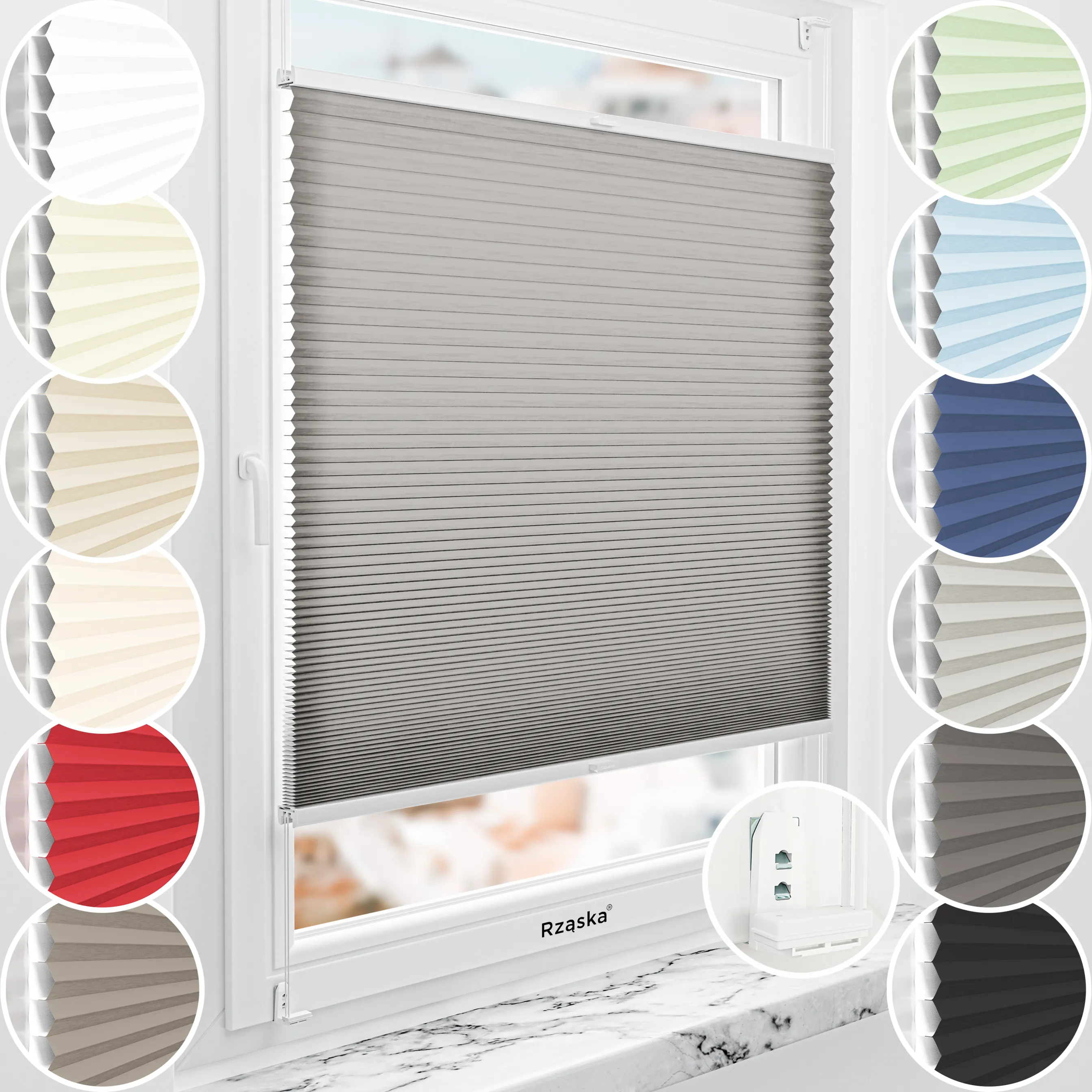 Rząska® bezinwazyjna roleta termoizolacyjna na wymiar • Thermo Honeycomb (Plaster Miodu): kolor tkaniny Makowy Pył, ciemnoszary • Risinfix Double 2w1 • kolor profili biały