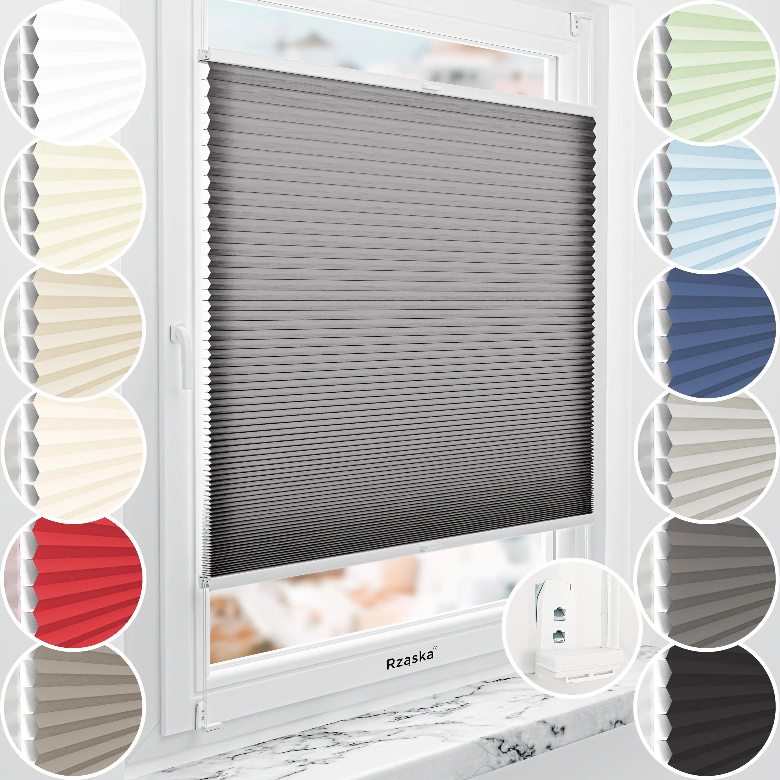 Rząska® bezinwazyjna roleta termoizolacyjna na wymiar • Thermo Honeycomb (Plaster Miodu): kolor tkaniny Nocna Przekąska, czarny • Risinfix Double 2w1 • kolor profili biały