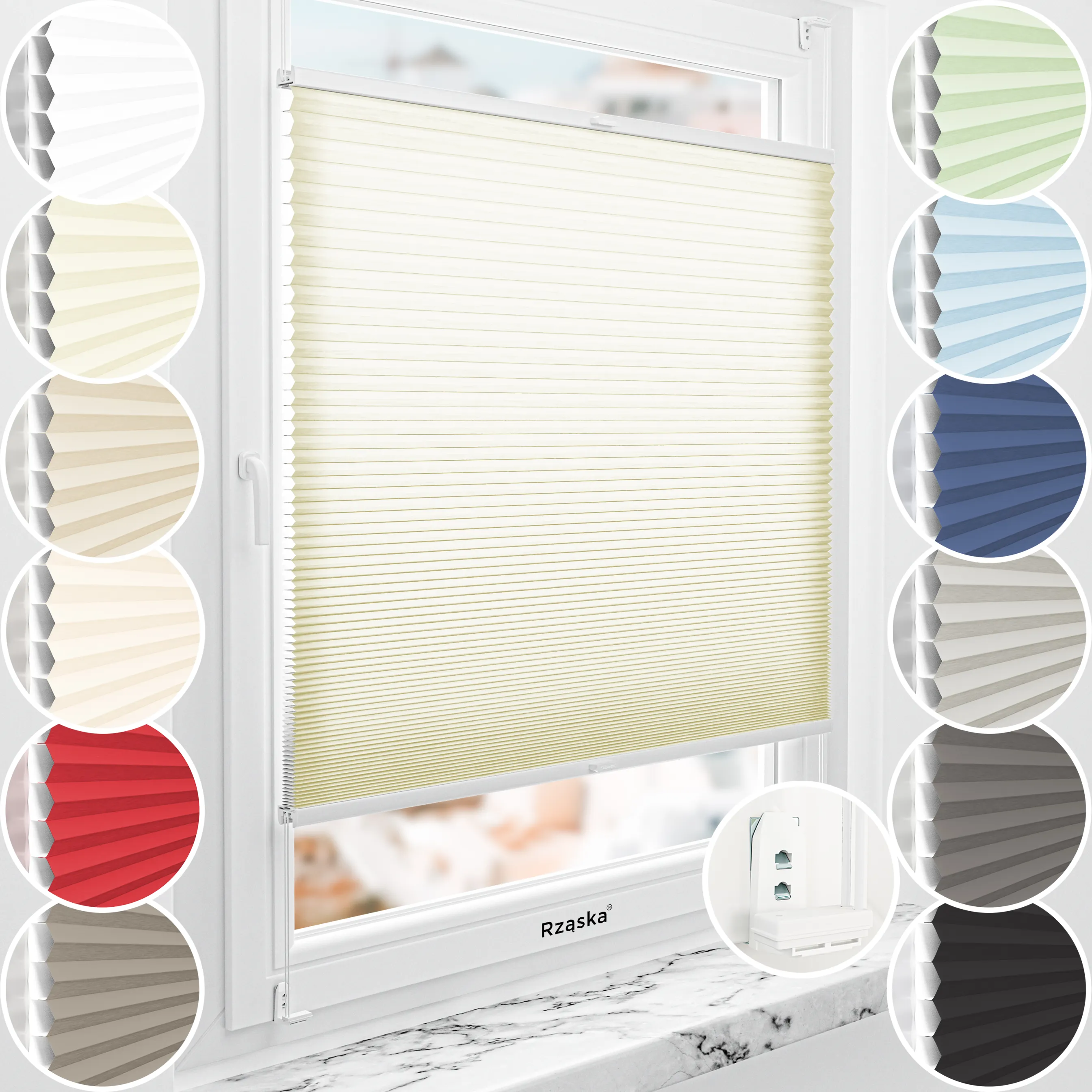 Rząska® bezinwazyjna roleta termoizolacyjna na wymiar • Thermo Honeycomb (Plaster Miodu): kolor tkaniny Maślane Ciastko, beżowy • Risinfix Double 2w1 • kolor profili biały