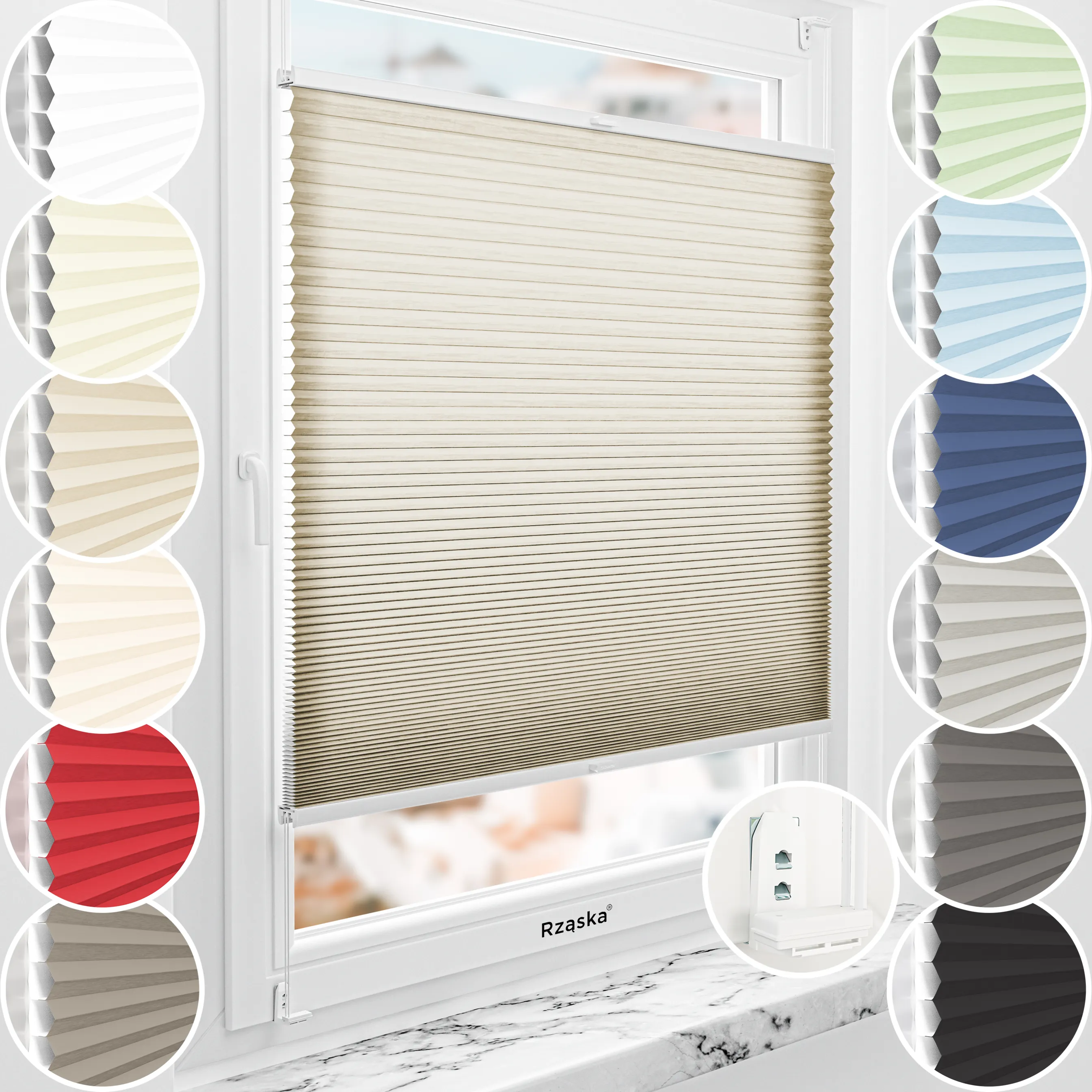 Rząska® bezinwazyjna roleta termoizolacyjna na wymiar • Thermo Honeycomb (Plaster Miodu): kolor tkaniny Rzymska kawa, piaskowy • Risinfix Double 2w1 • kolor profili biały