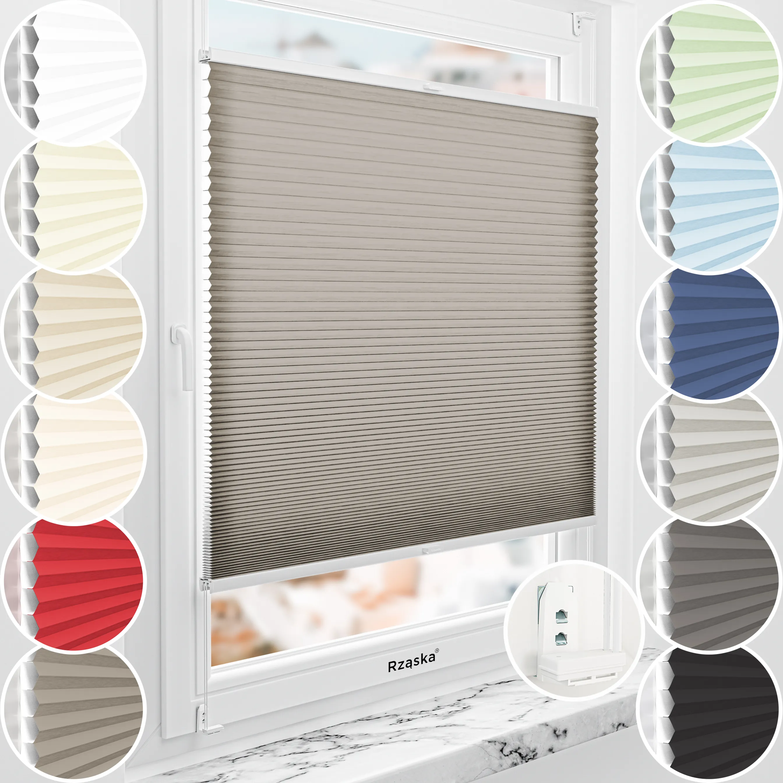 Rząska® bezinwazyjna roleta termoizolacyjna na wymiar • Thermo Honeycomb (Plaster Miodu): kolor tkaniny Gorzka Trufla, ciemnoszary • Risinfix Double 2w1 • kolor profili biały