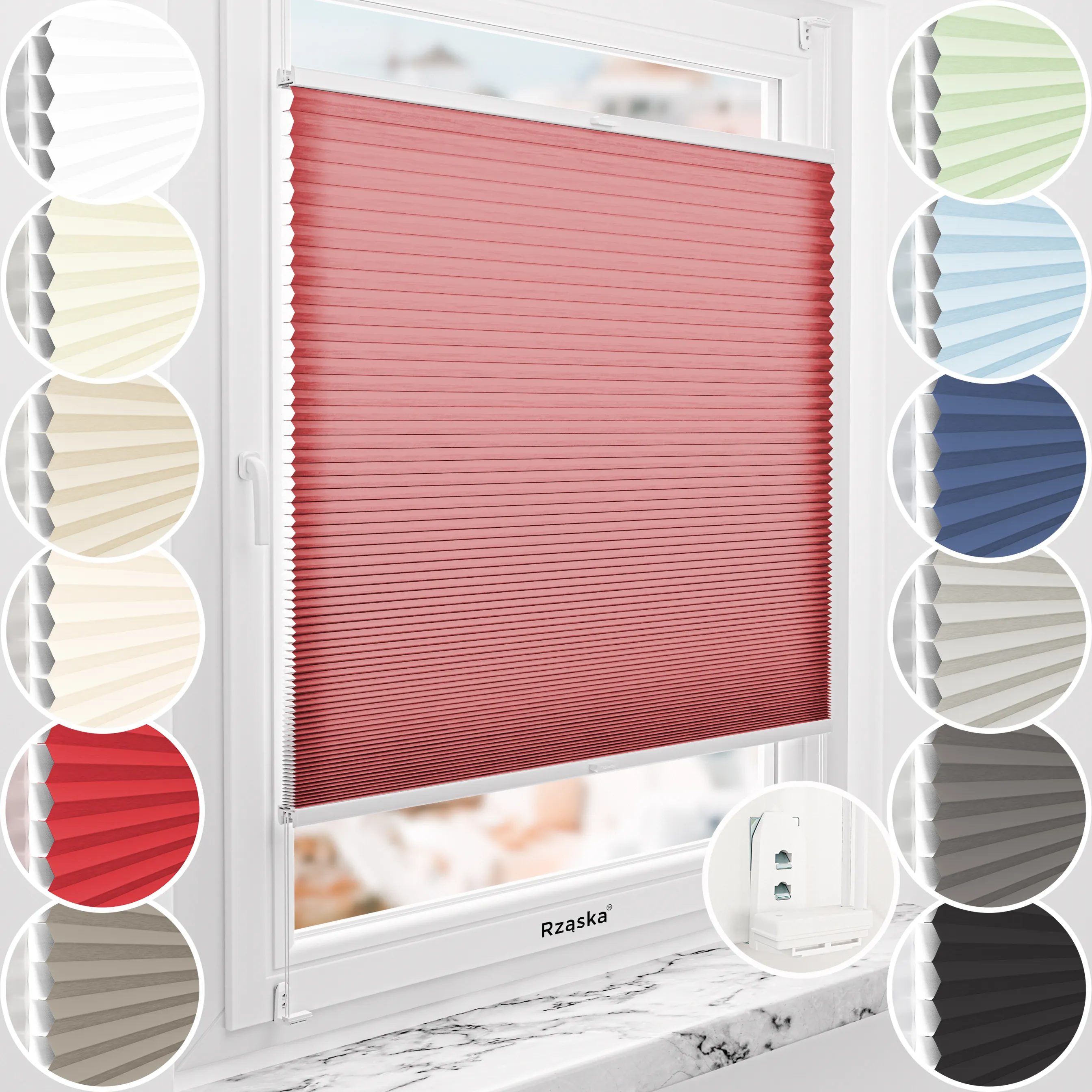 Rząska® bezinwazyjna roleta termoizolacyjna na wymiar • Thermo Honeycomb (Plaster Miodu): kolor tkaniny Soczysta Wiśnia, czerwony • Risinfix Double 2w1 • kolor profili biały