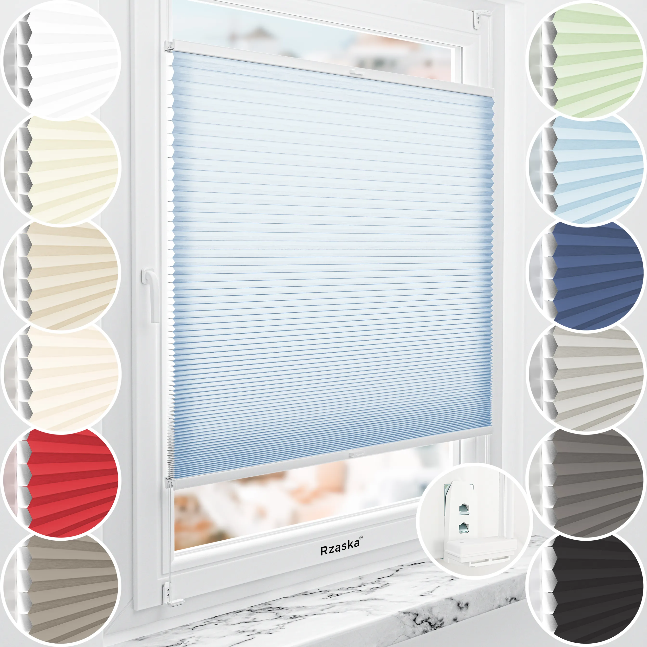 Rząska® bezinwazyjna roleta termoizolacyjna na wymiar • Thermo Honeycomb (Plaster Miodu): kolor tkaniny Niebiański sorbet, jasnoniebieski • Risinfix Double 2w1 • kolor profili biały