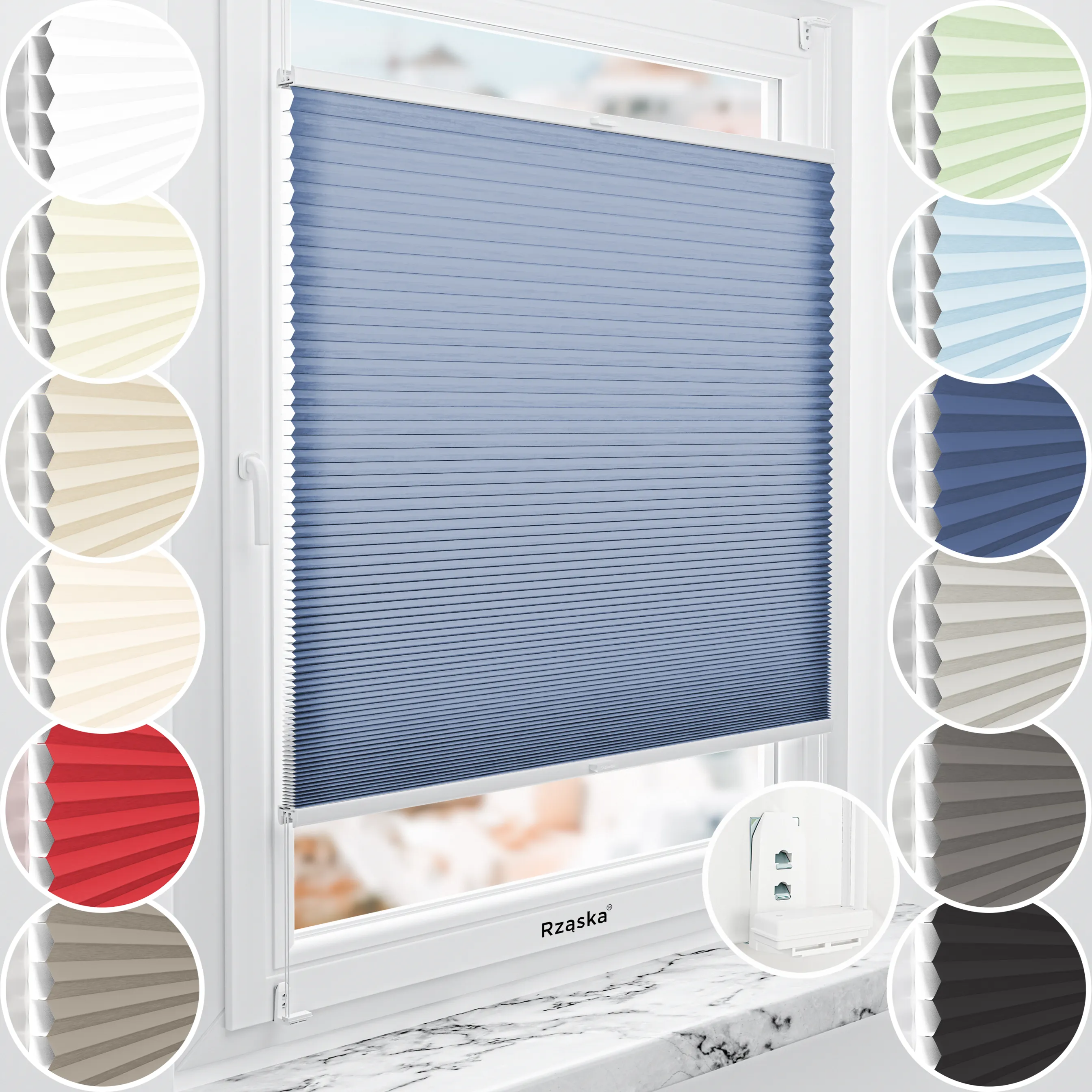 Rząska® bezinwazyjna roleta termoizolacyjna na wymiar • Thermo Honeycomb (Plaster Miodu): kolor tkaniny Borówkowy Blues, ciemnoniebieski • Risinfix Double 2w1 • kolor profili biały