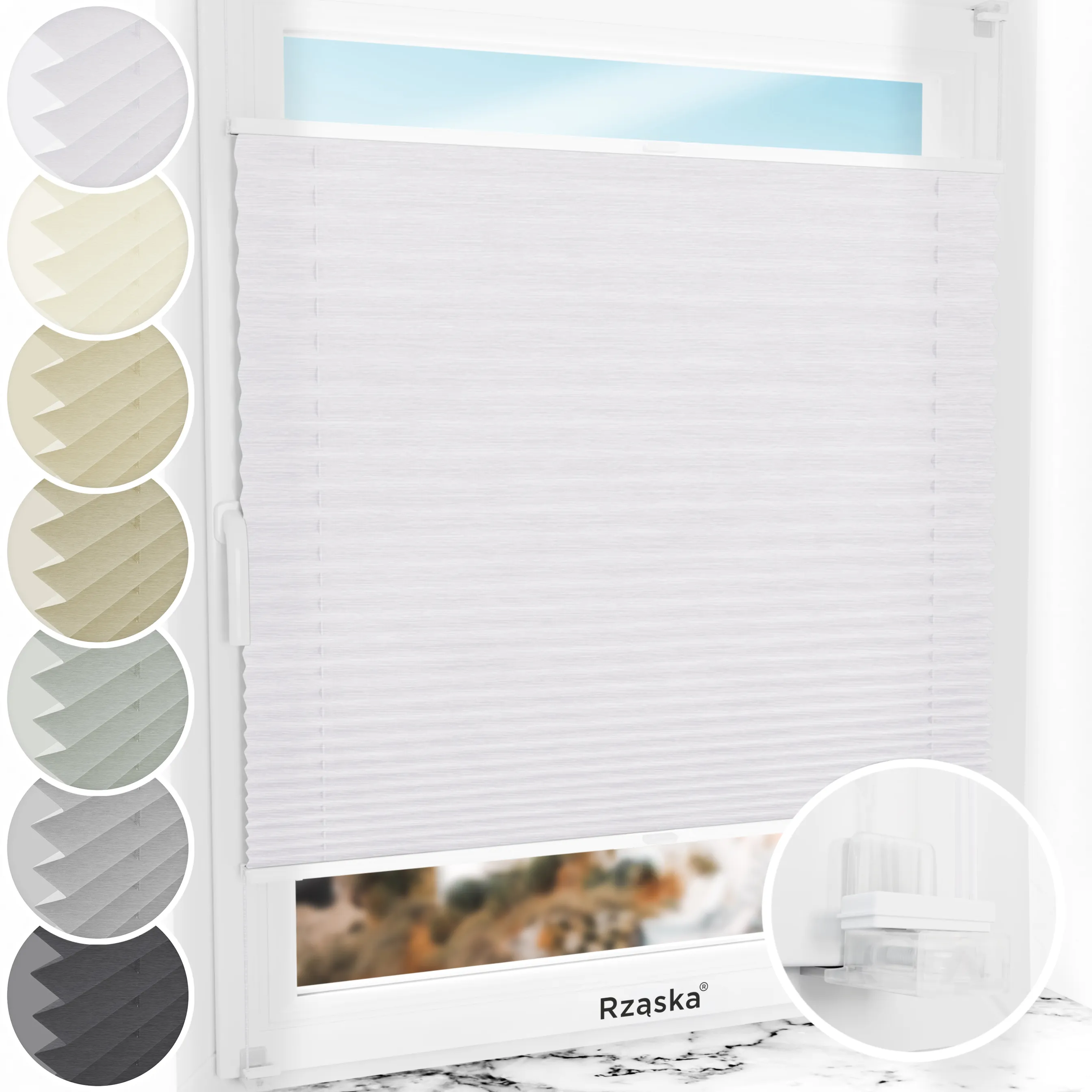 Bezinwazyjne plisy na okno Rząska® pod na wymiar, uchwyty Risinfix Incognito X do zaciskania, kolekcja Dolomite w kolorze Zimny poranek, szarym z profilem białym.