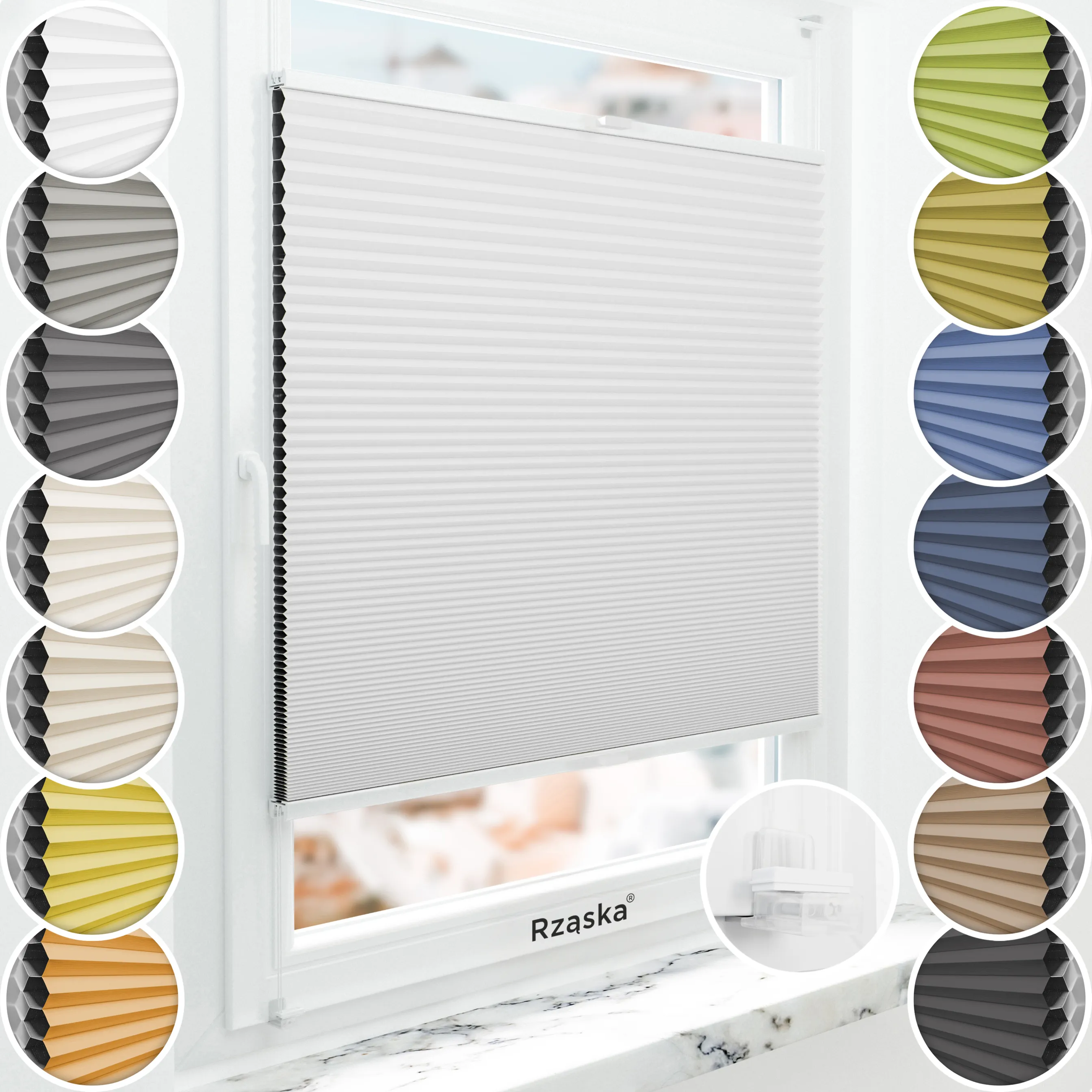 Bezinwazyjne plisy okienne Rząska® na wymiar o strukturze plastra miodu kolekcja Honeycomb w kolorze Światło księżyca, białym z profilem białym.