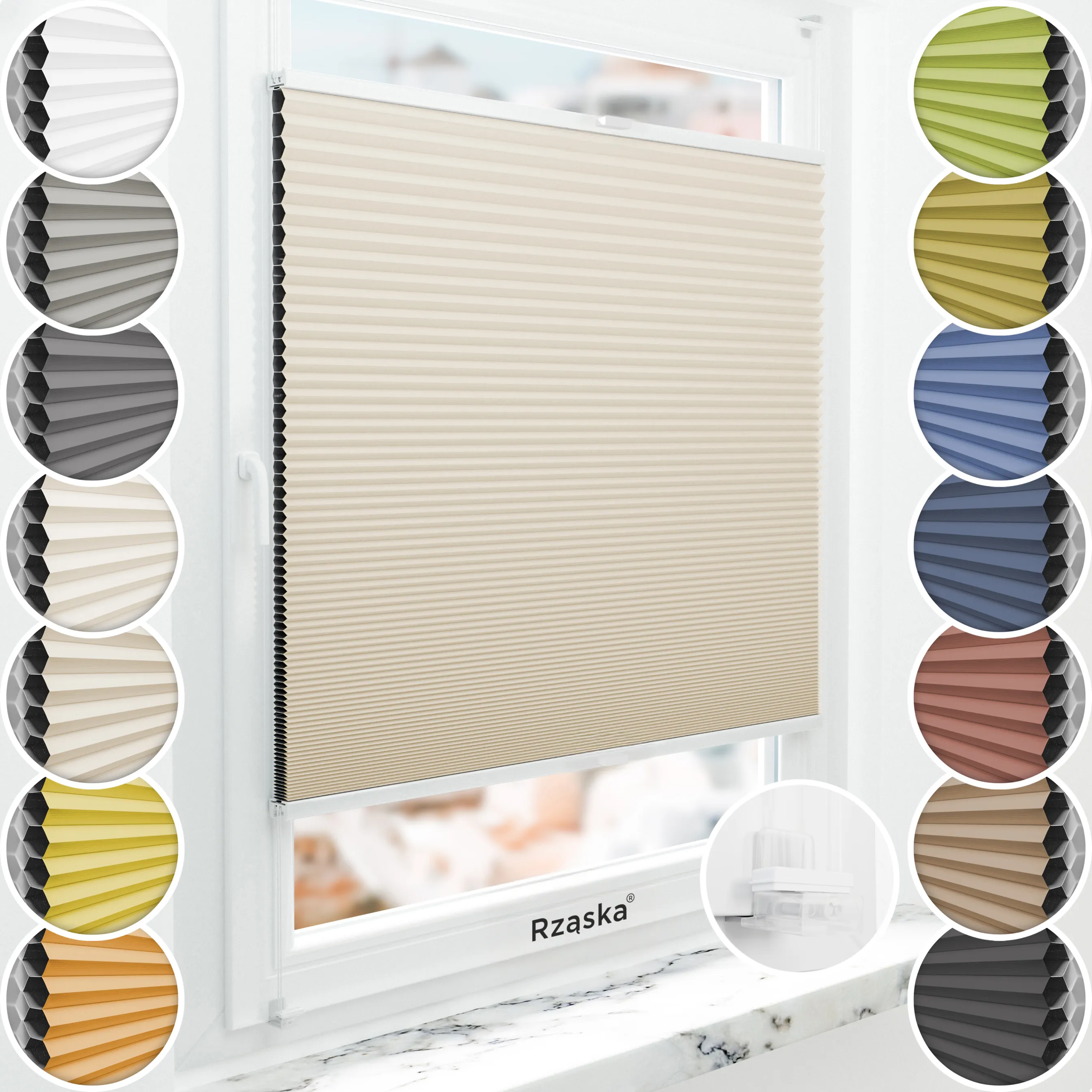 Bezinwazyjne plisy okienne Rząska® na wymiar o strukturze plastra miodu kolekcja Honeycomb w kolorze Wydma, beżowym z profilem białym.