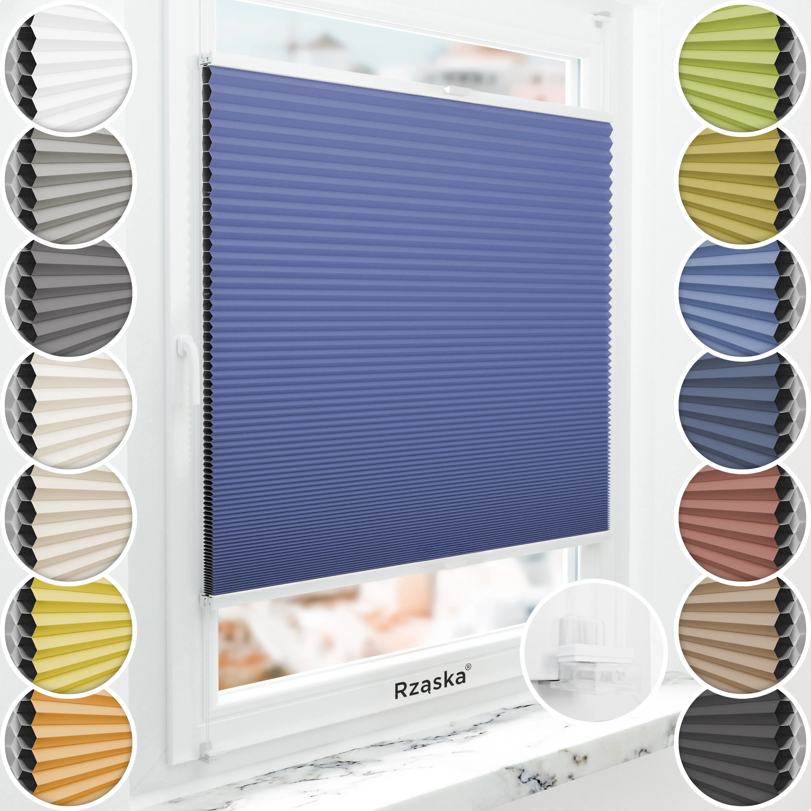 Bezinwazyjne plisy okienne Rząska® na wymiar o strukturze plastra miodu kolekcja Honeycomb w kolorze Linia horyzontu, niebieskim z profilem białym.