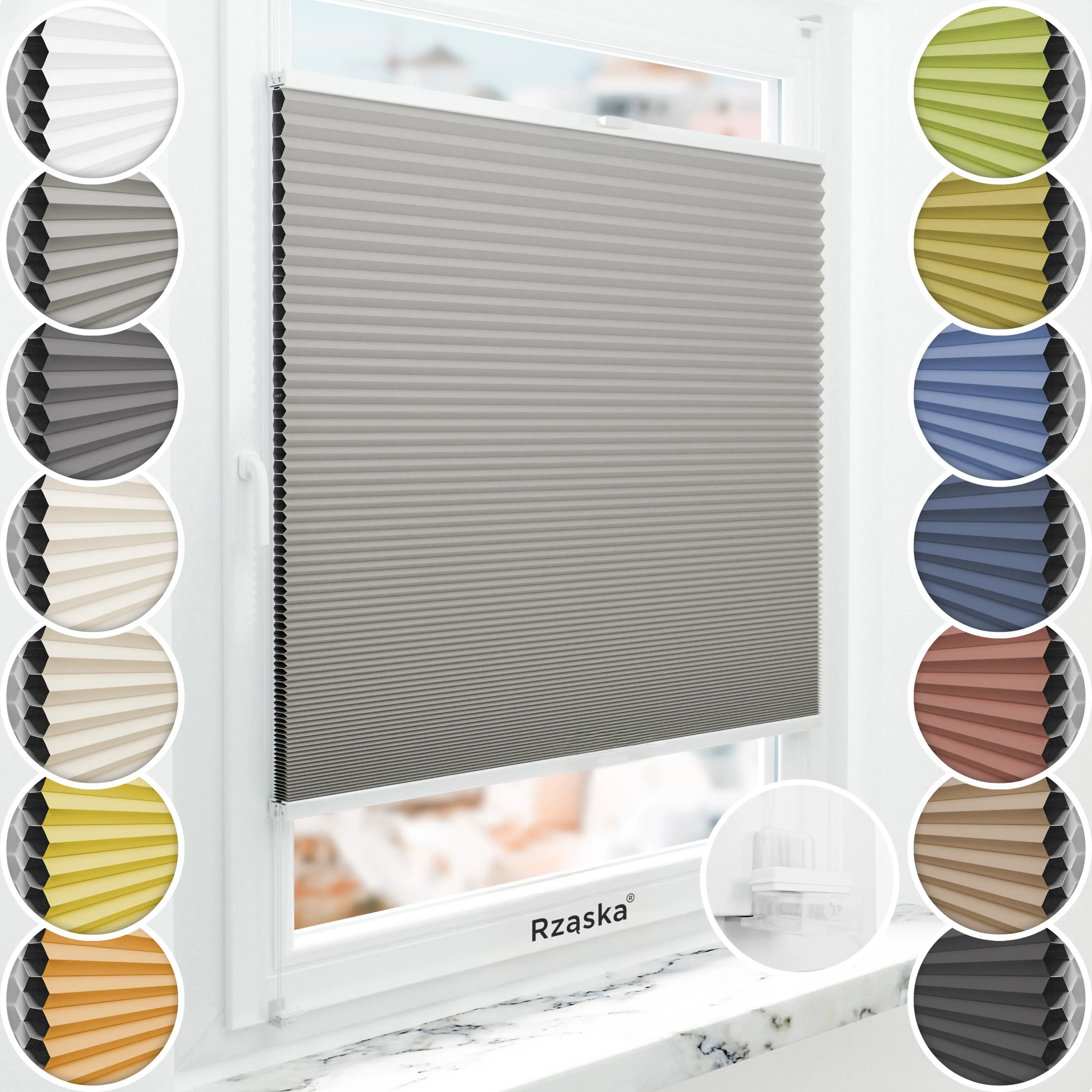 Bezinwazyjne plisy okienne Rząska® na wymiar o strukturze plastra miodu kolekcja Honeycomb w kolorze Srebrna mgiełka, szarym z profilem białym.