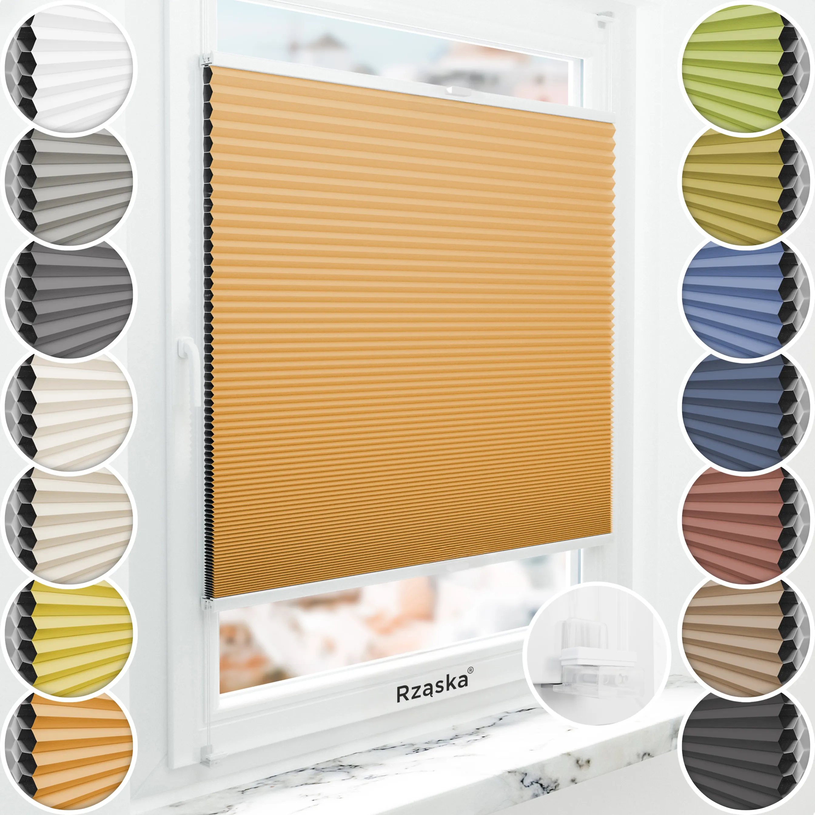 Bezinwazyjne plisy okienne Rząska® na wymiar o strukturze plastra miodu kolekcja Honeycomb w kolorze Cytrusowa poświata, pomarańczowym z profilem białym.