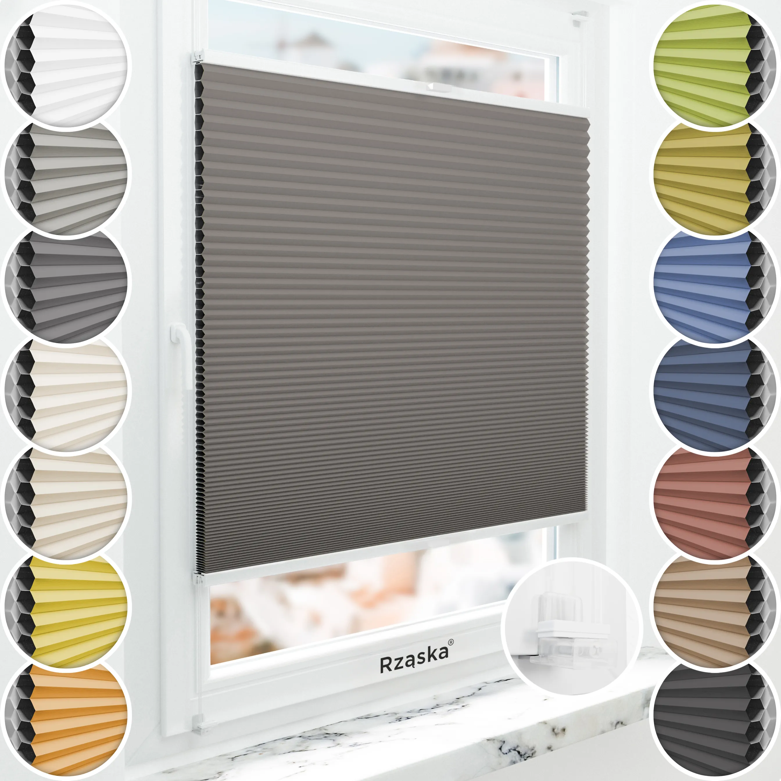 Bezinwazyjne plisy okienne Rząska® na wymiar o strukturze plastra miodu kolekcja Honeycomb w kolorze Szwajcarska czekolada, szarobrązowym z profilem białym.