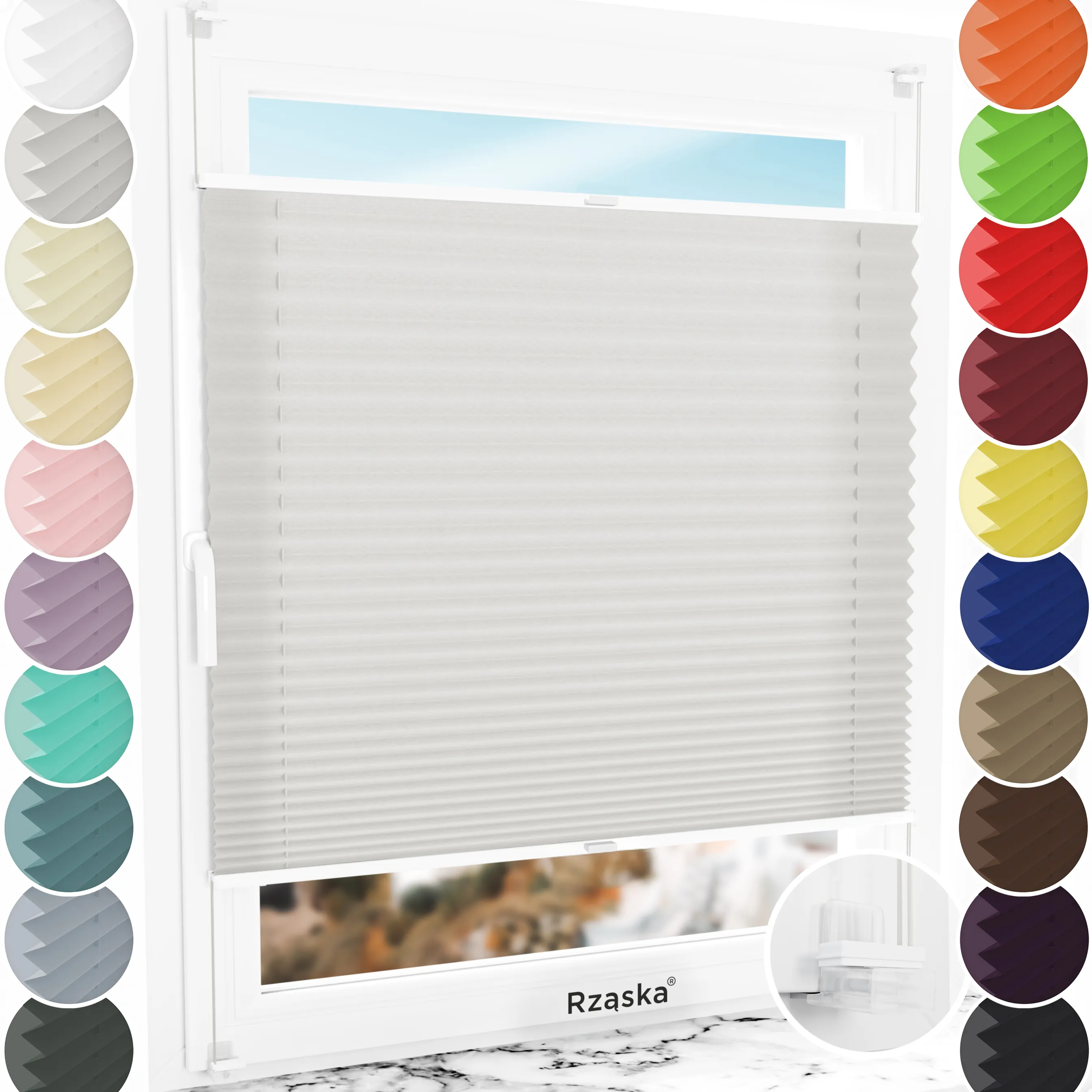 Bezinwazyjne plisy okienne Rząska® na wymiar, uchwyty Risinfix Incognito X do zaciskania, kolekcja Premium w kolorze Droga do domu, srebrnym z profilem białym.